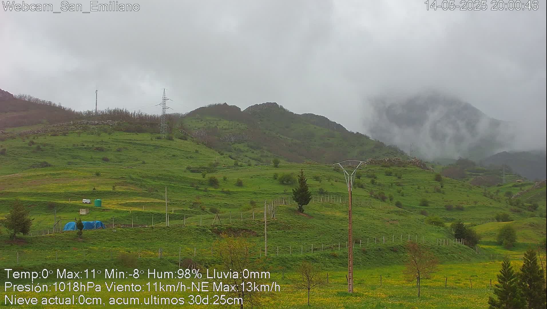 A misty, overcast scene shows rolling green hills and mountains under a gray sky.