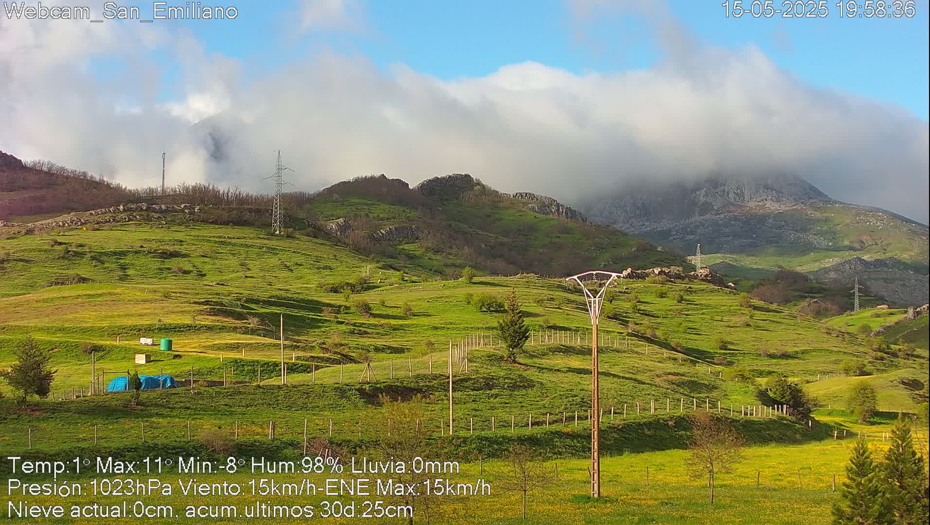 A partly cloudy scene shows rolling green hills and mountains under a mostly cloudy sky.