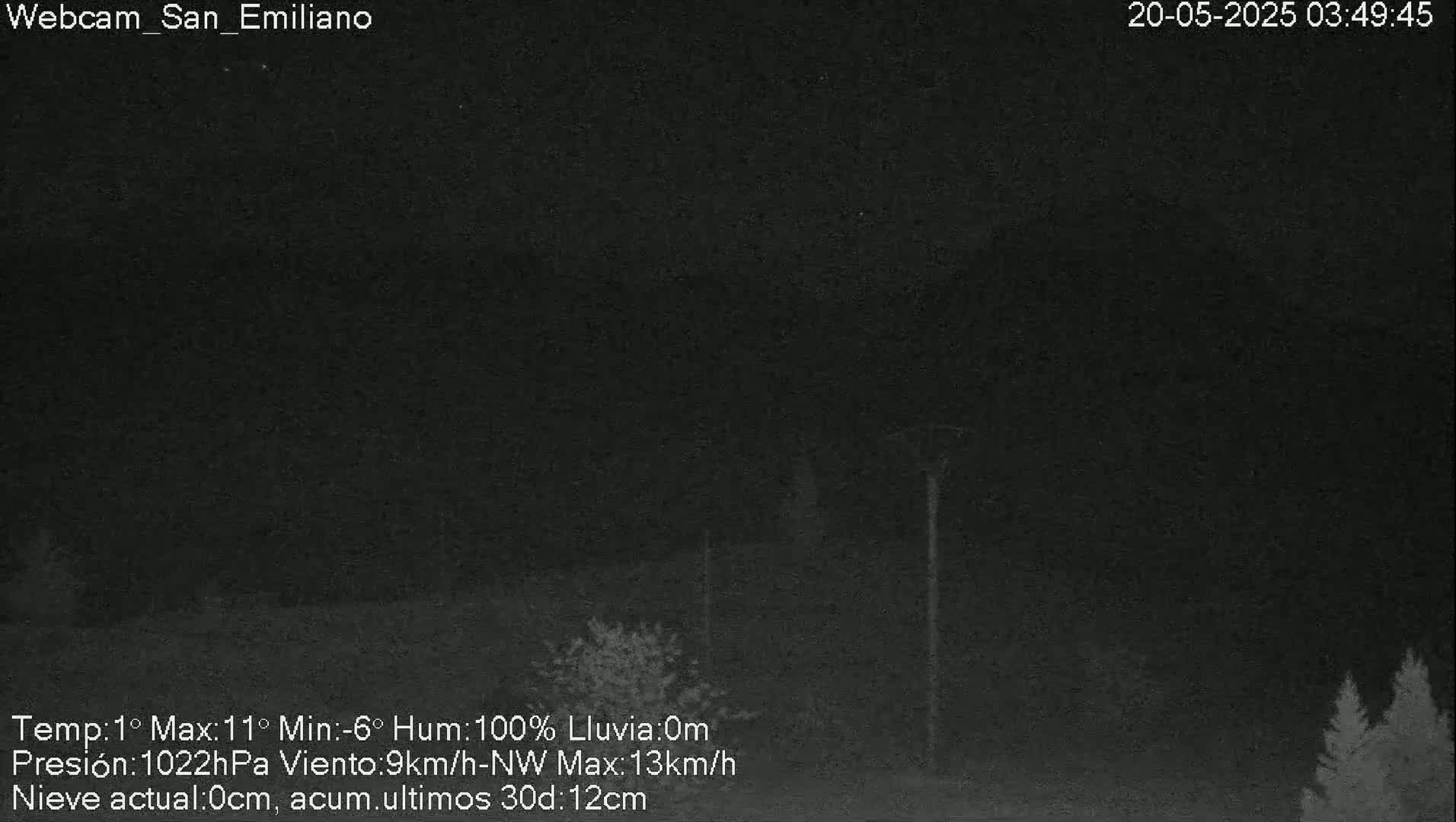 A nighttime, dark outdoor scene shows a few trees under a dark sky with 100% humidity and no rain.
