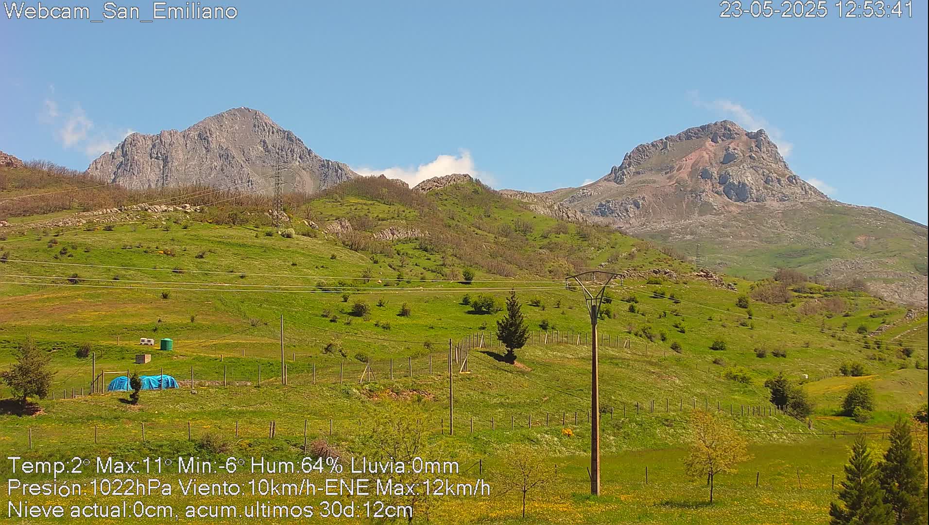 Two rocky mountains rise in the background of a sunny, green, hilly landscape, under a clear blue sky.