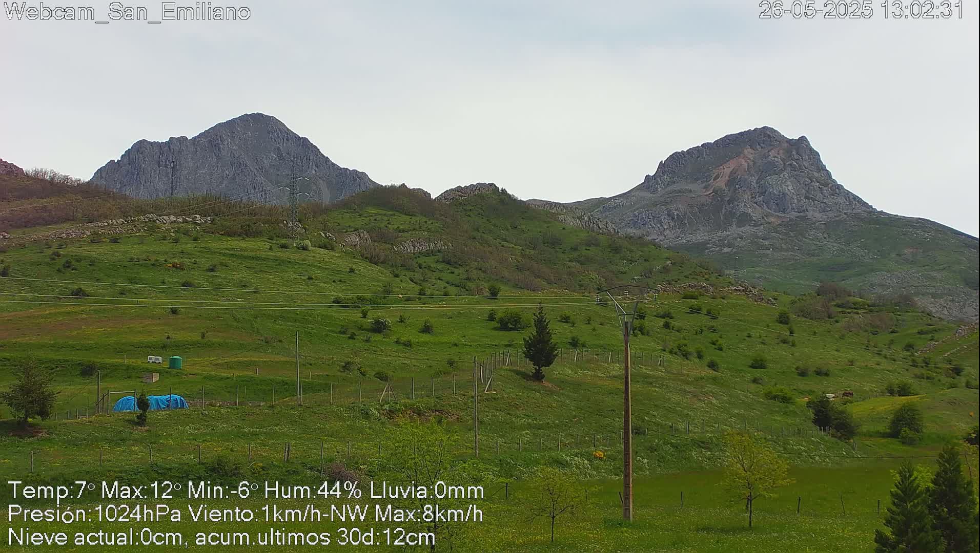 A mostly sunny view of verdant hills and rocky mountains under a pale sky.