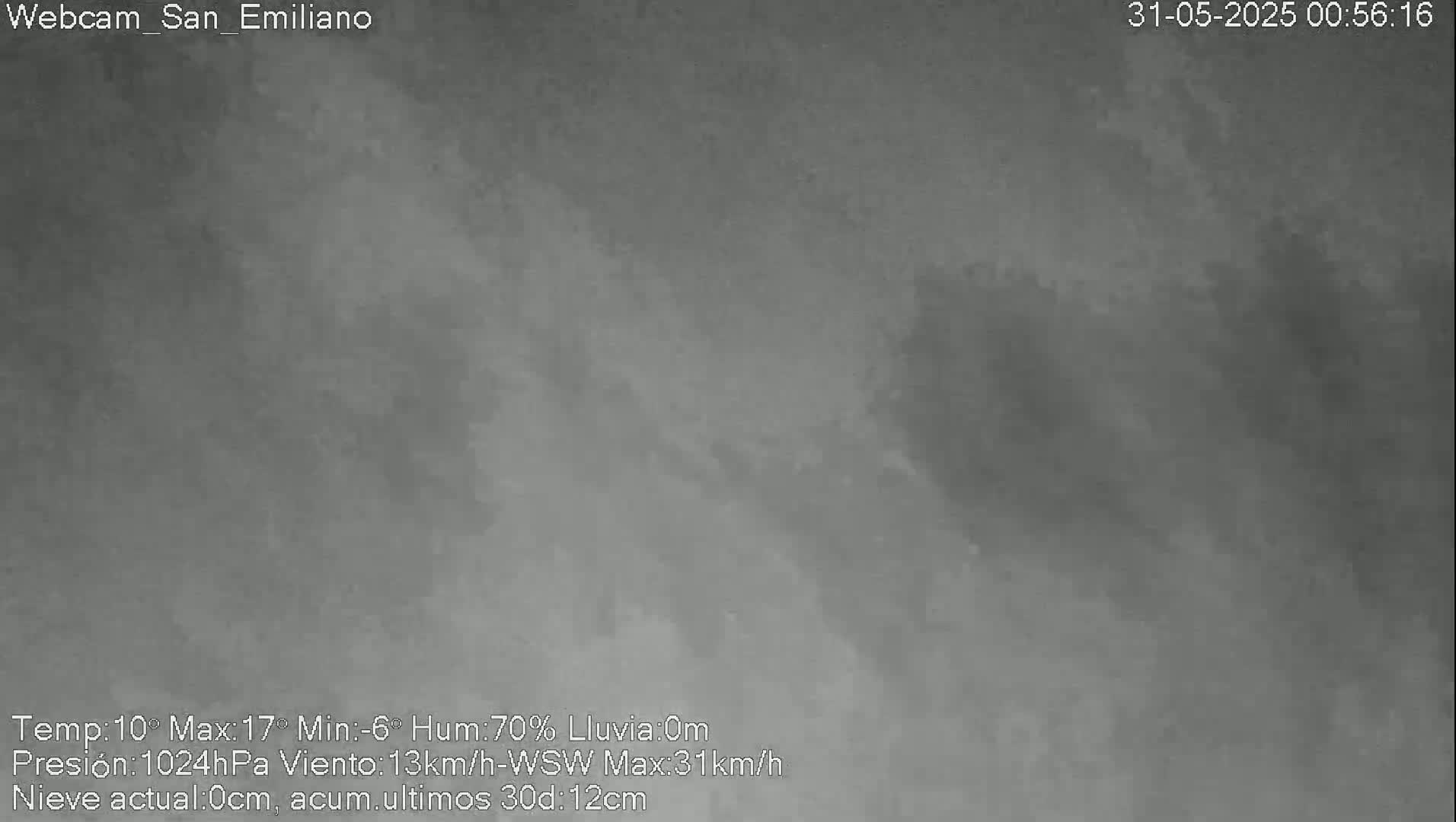 A nighttime, overcast sky is shown with a 13km/h wind blowing from the west-southwest.