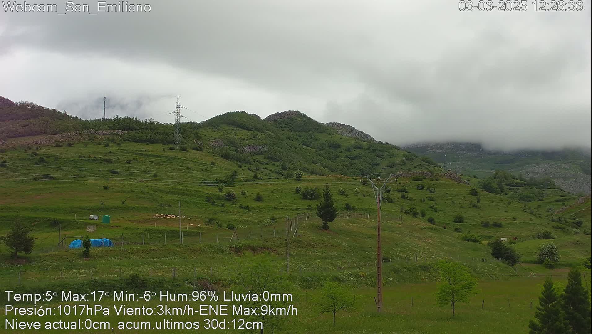 A view of rolling green hills under a cloudy, overcast sky.