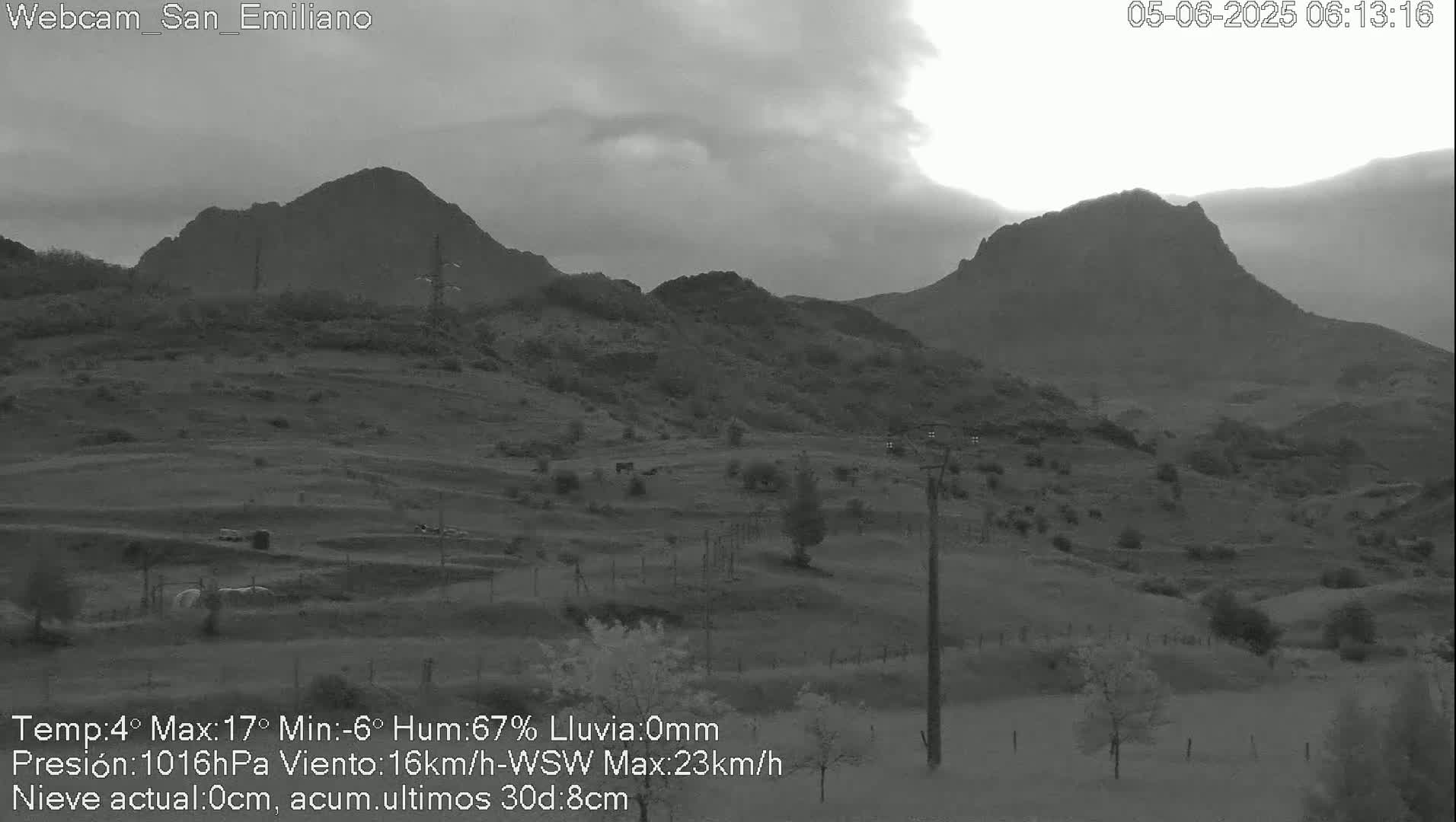 A grayscale image shows a hilly landscape under an overcast sky, with some sparse vegetation and a few structures visible in the foreground.