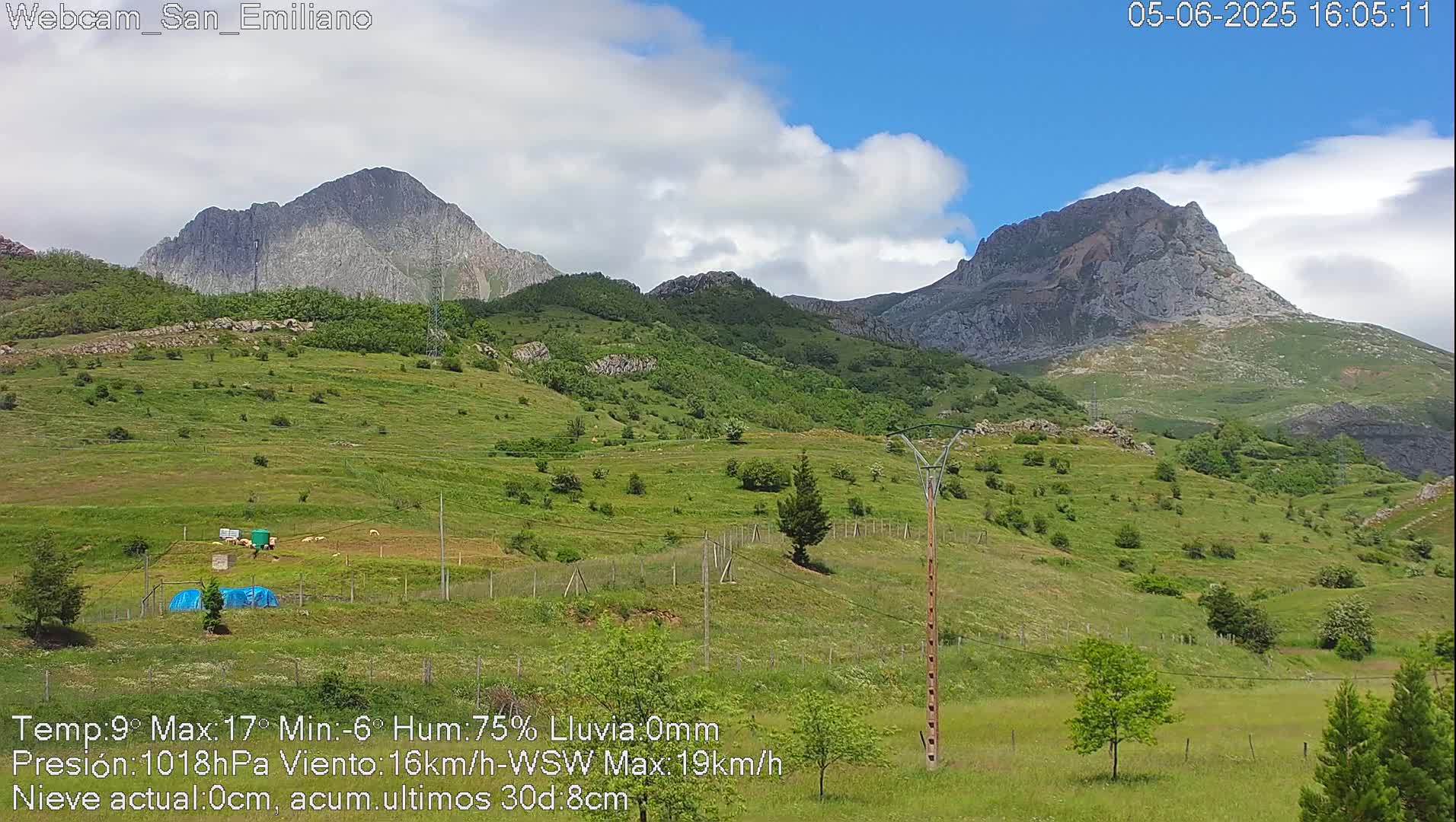 A partly cloudy day reveals rolling green hills and rocky mountains under a partly cloudy sky.