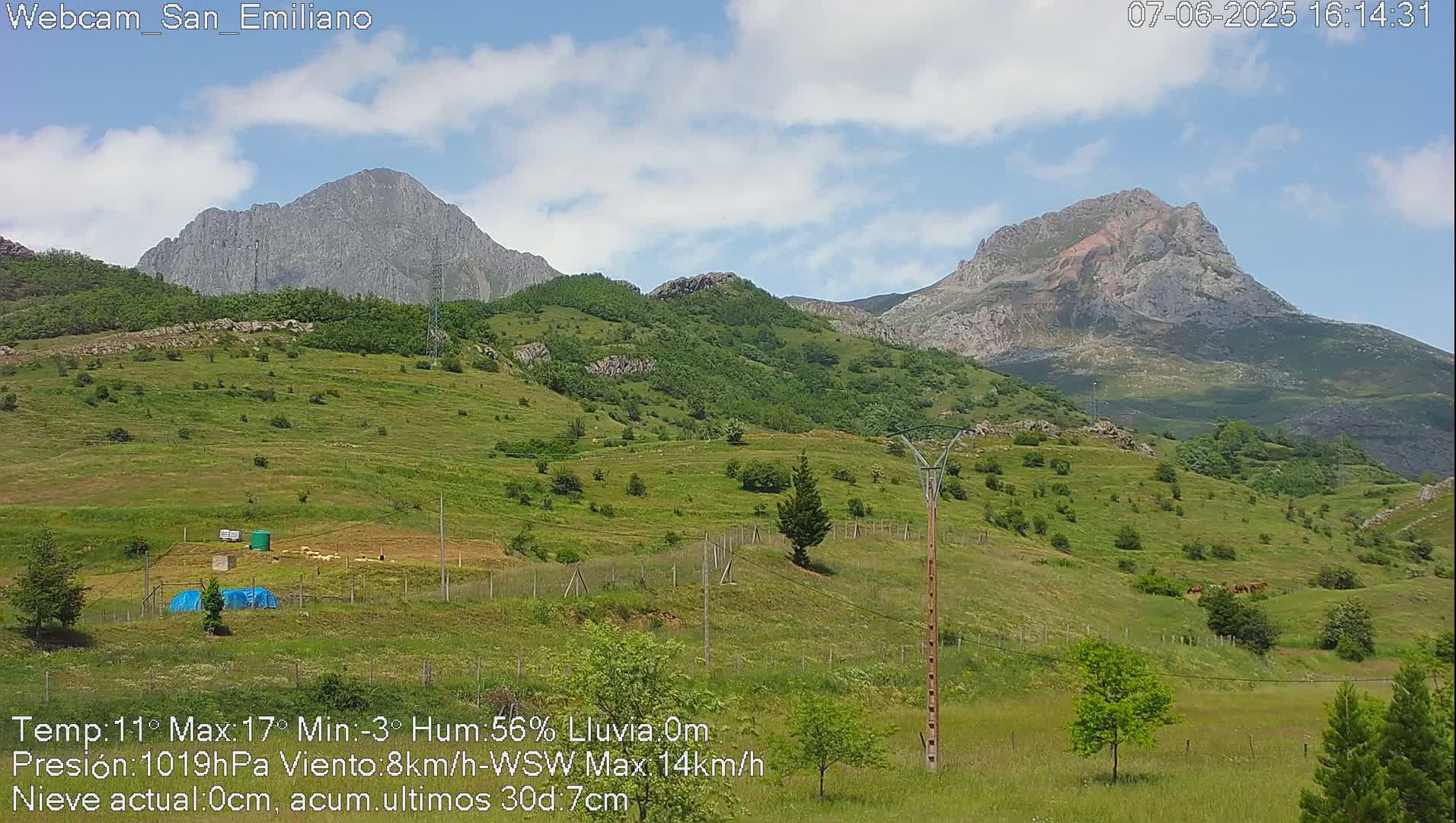 A sunny day reveals rolling green hills and mountains under a partly cloudy sky.