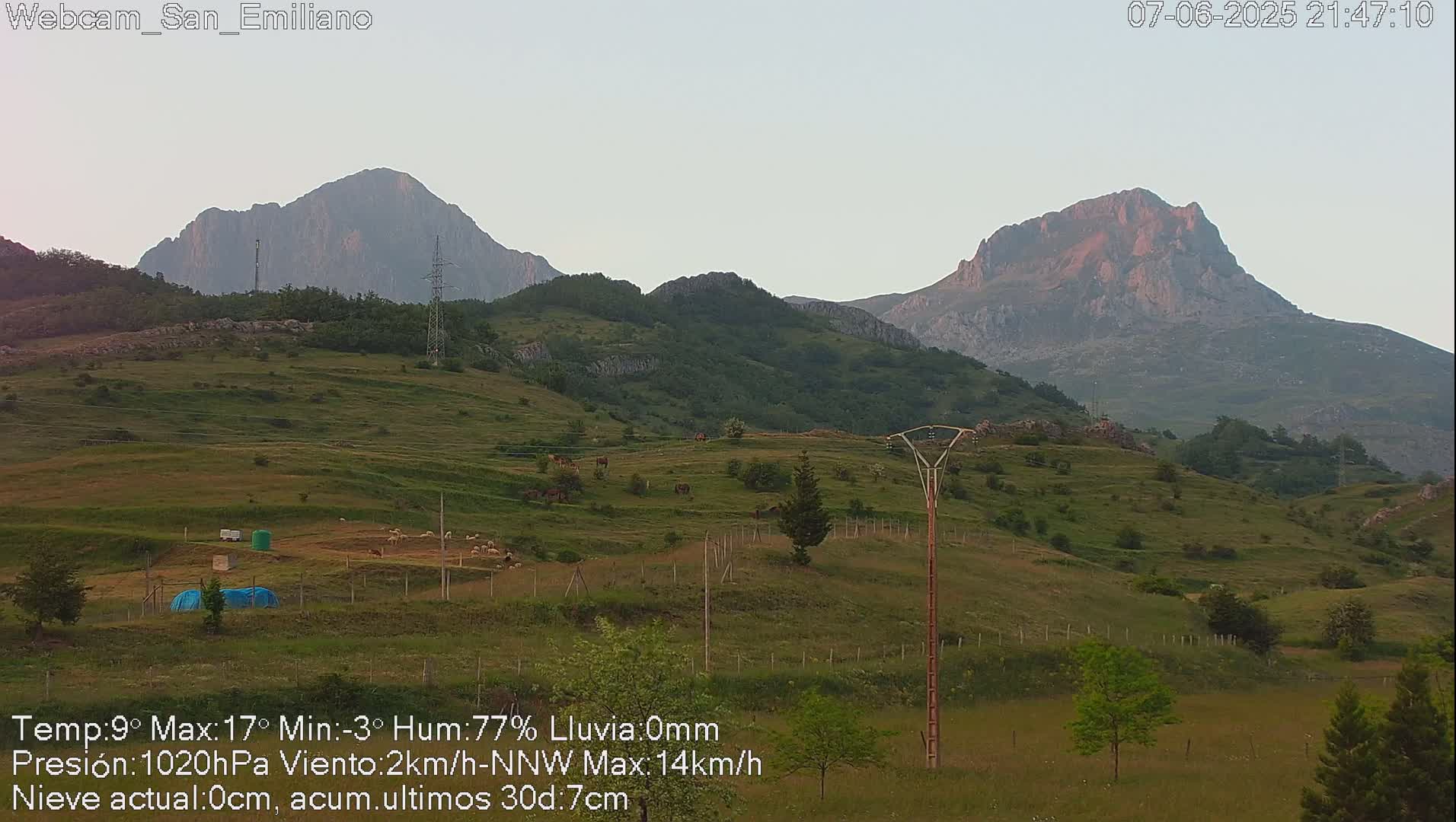 A grassy hillside dotted with livestock and utility poles stretches towards two large, dark mountains under a twilight sky.