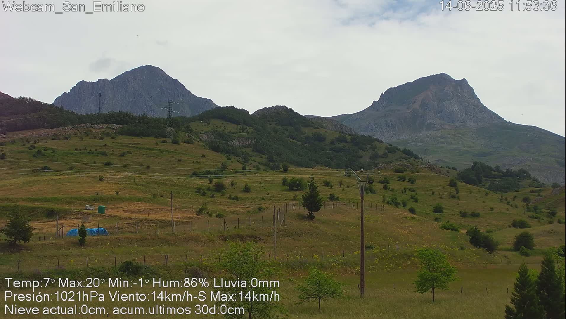 Rolling green hills dotted with trees and utility poles rise to meet imposing, dark-grey mountains under a cloudy sky.