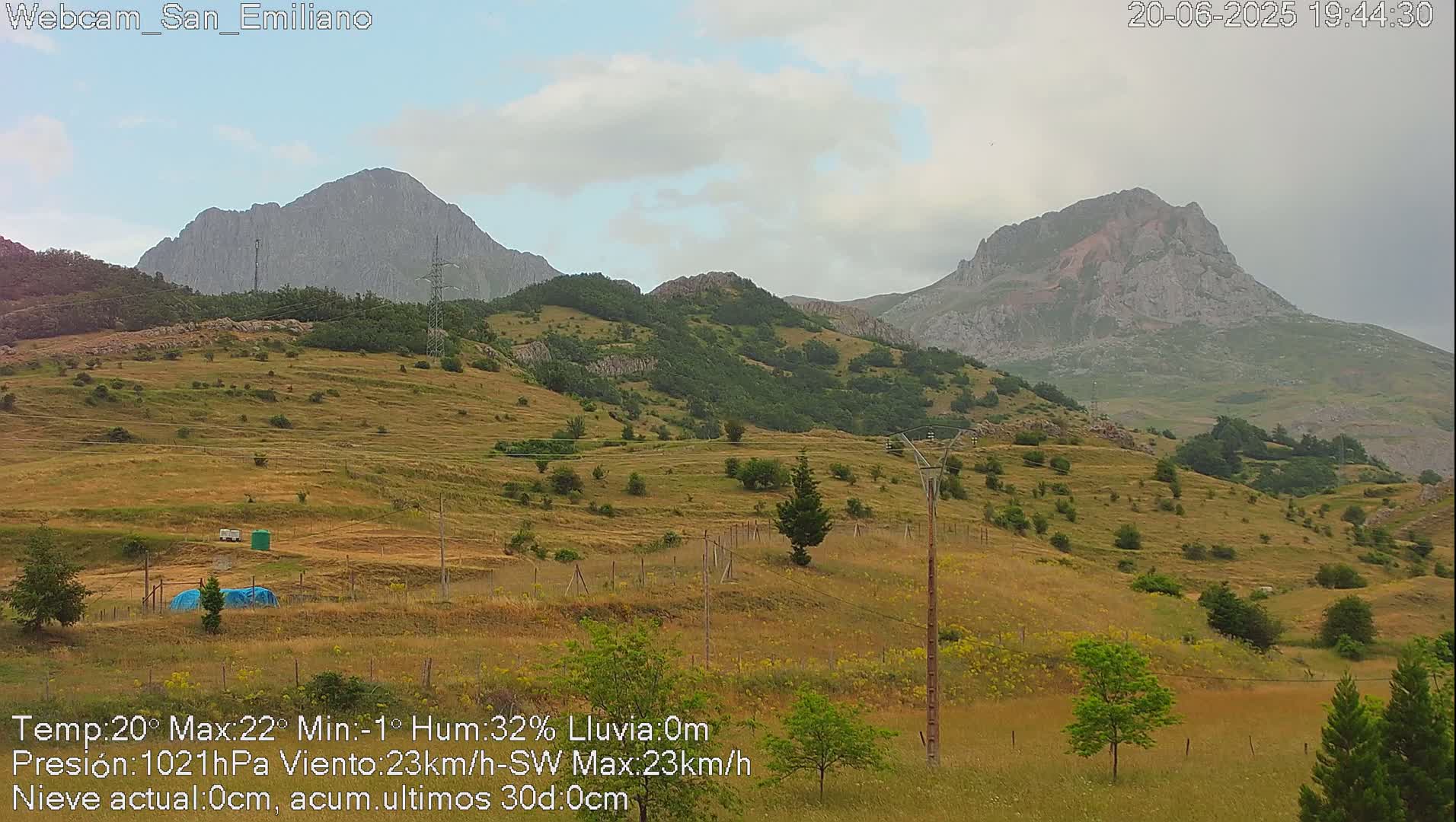 Rolling hills of dry, golden grass and sparse trees rise towards two large, gray mountains under an overcast sky.