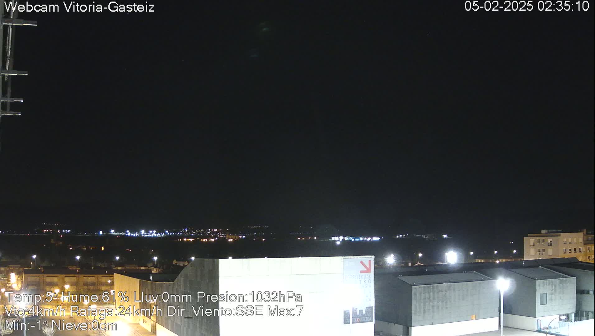 A nighttime, long shot of a city skyline under a clear, dark sky.