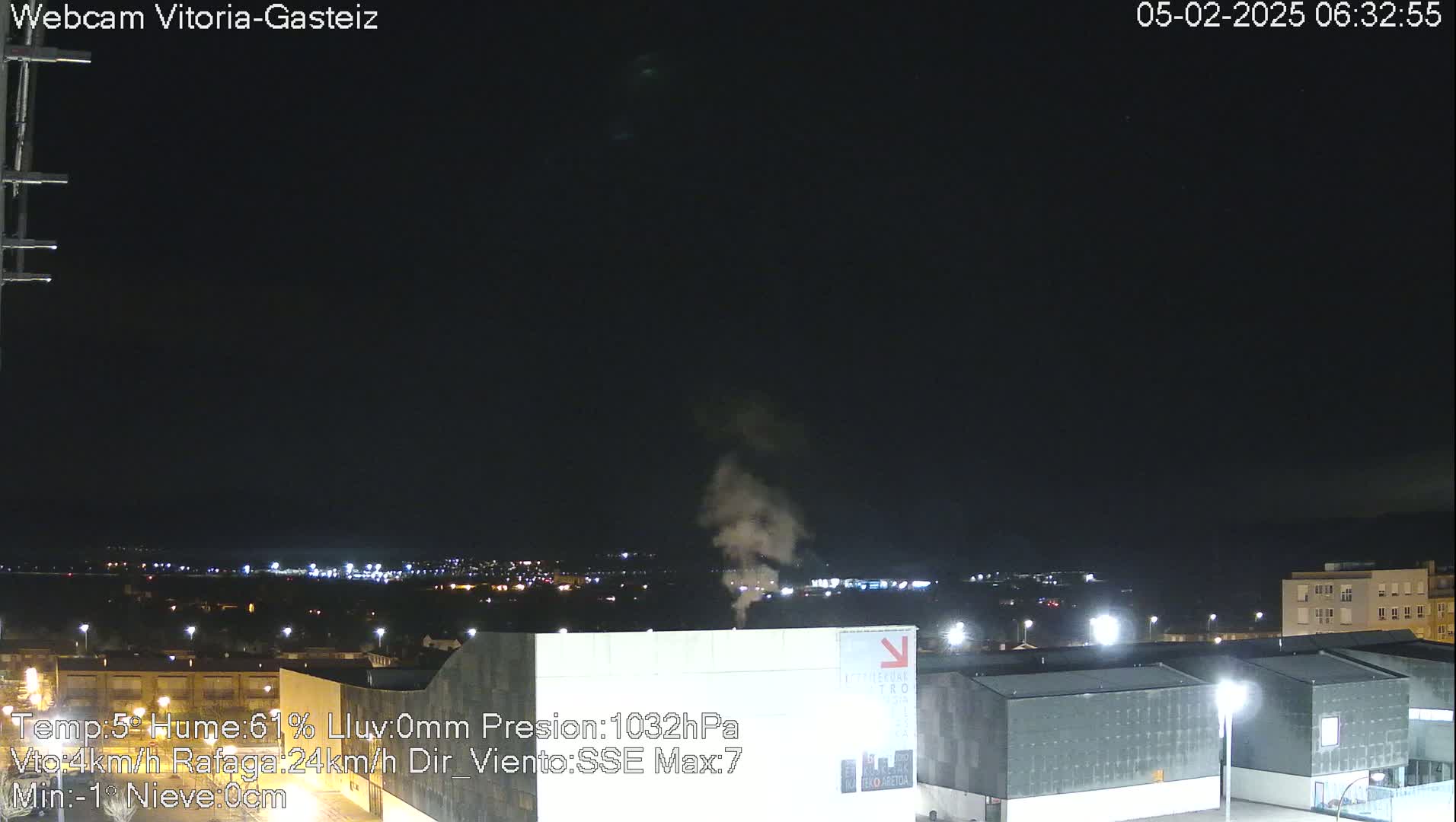A plume of smoke rises into a dark night sky over a city illuminated by streetlights.