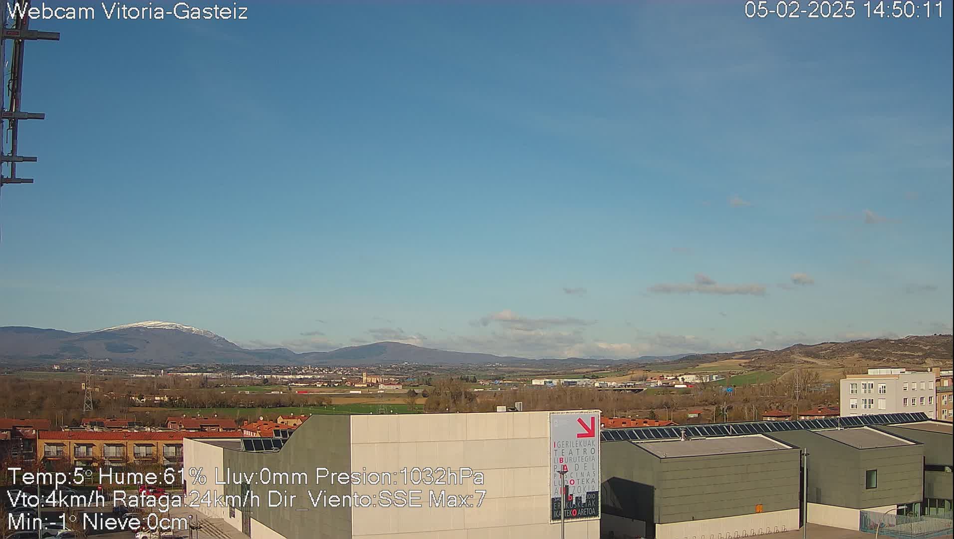 A long shot of a town under a clear blue sky with a few small clouds, showing distant mountains with a hint of snow on the peaks.