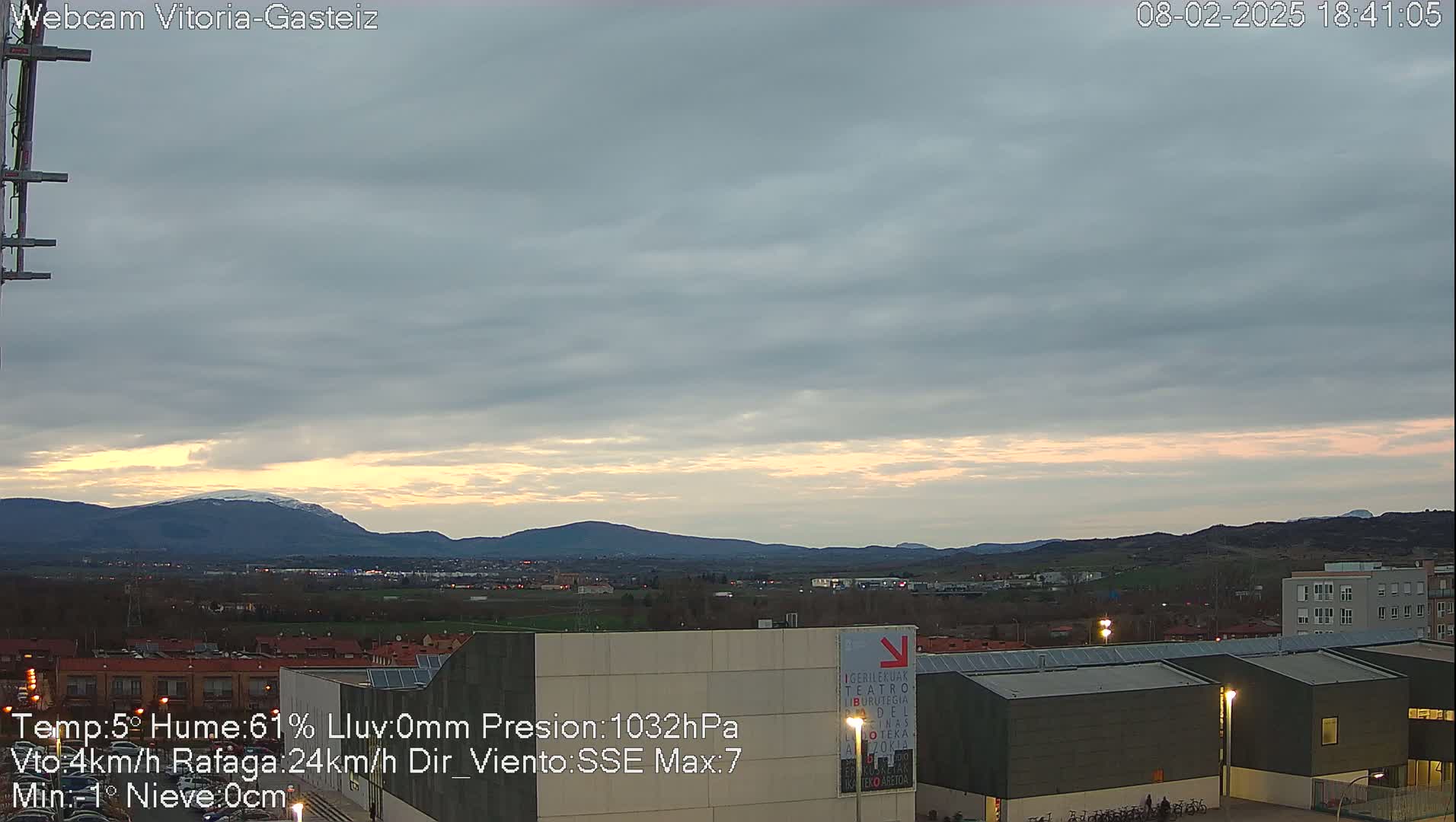 A mostly cloudy sunset over a city with mountains in the distance.
