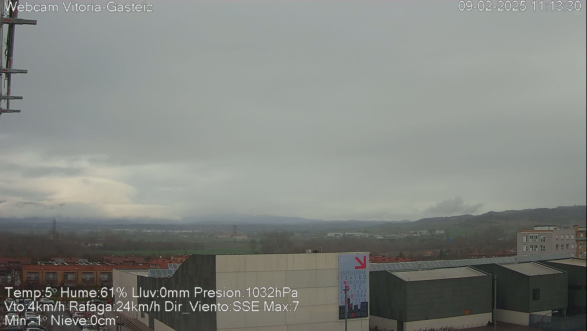 A mostly cloudy, overcast day reveals a cityscape with low-rise buildings and distant hills.