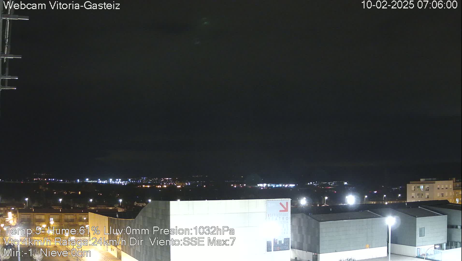 A nighttime view of a city under a dark, overcast sky with a slight wind.