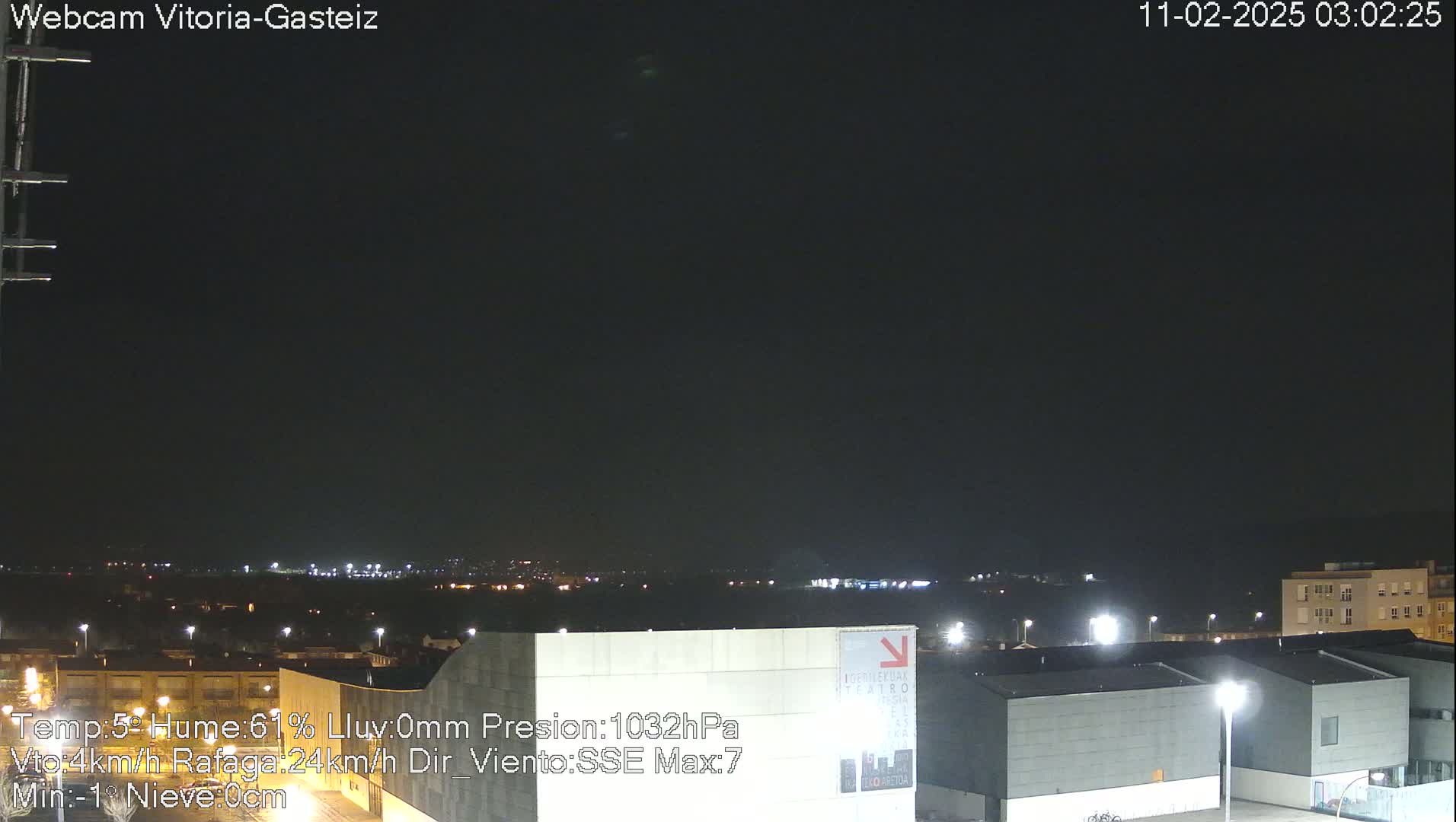 A nighttime view of a city skyline under a dark, overcast sky.