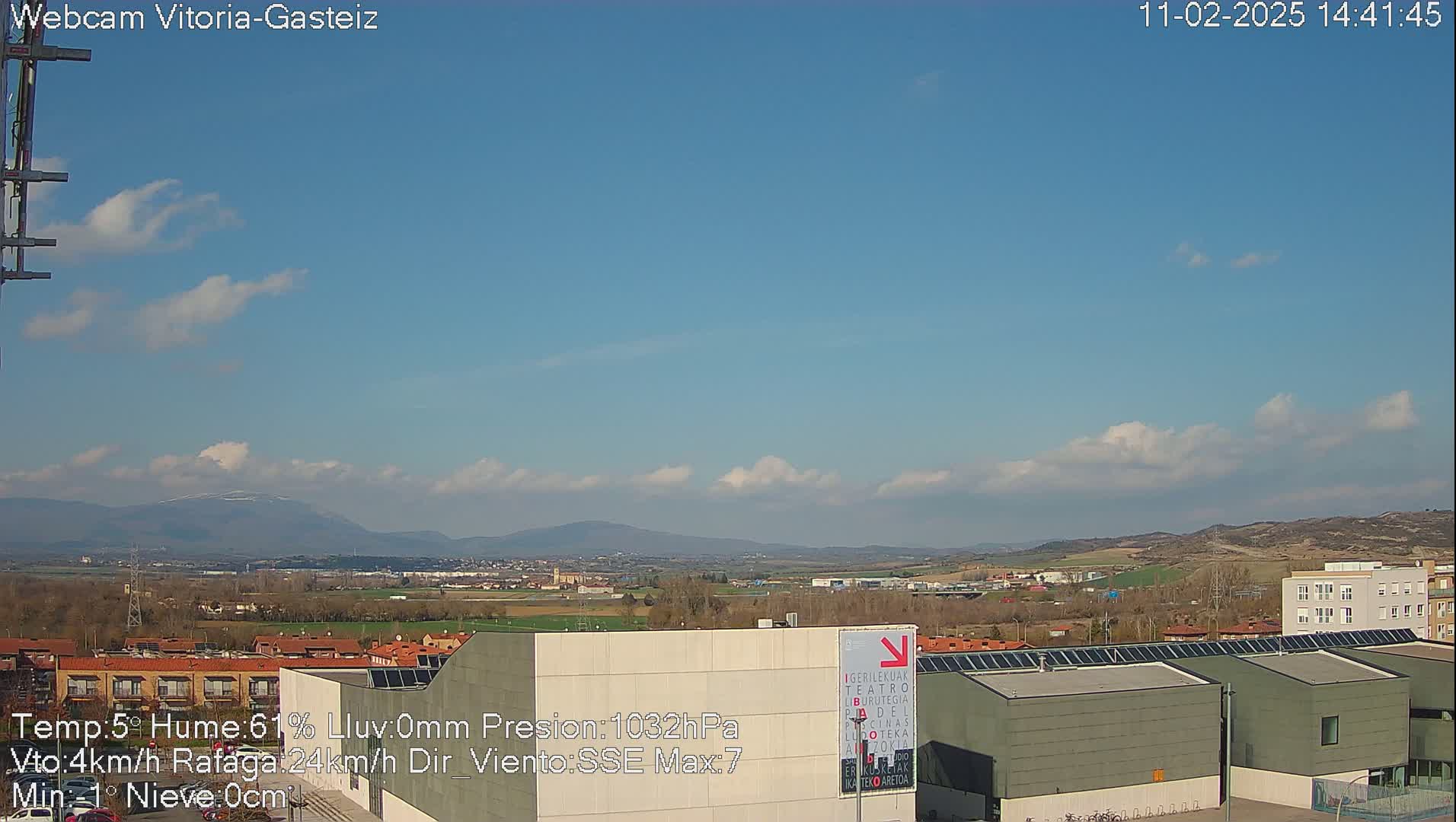 A mostly clear blue sky with a few scattered clouds overlooks a cityscape and distant mountains.