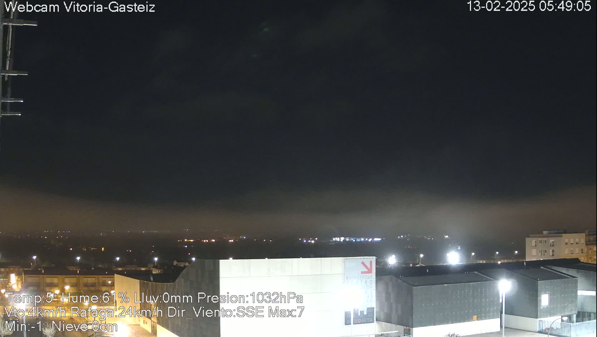 A nighttime cityscape shrouded in fog under a dark sky.