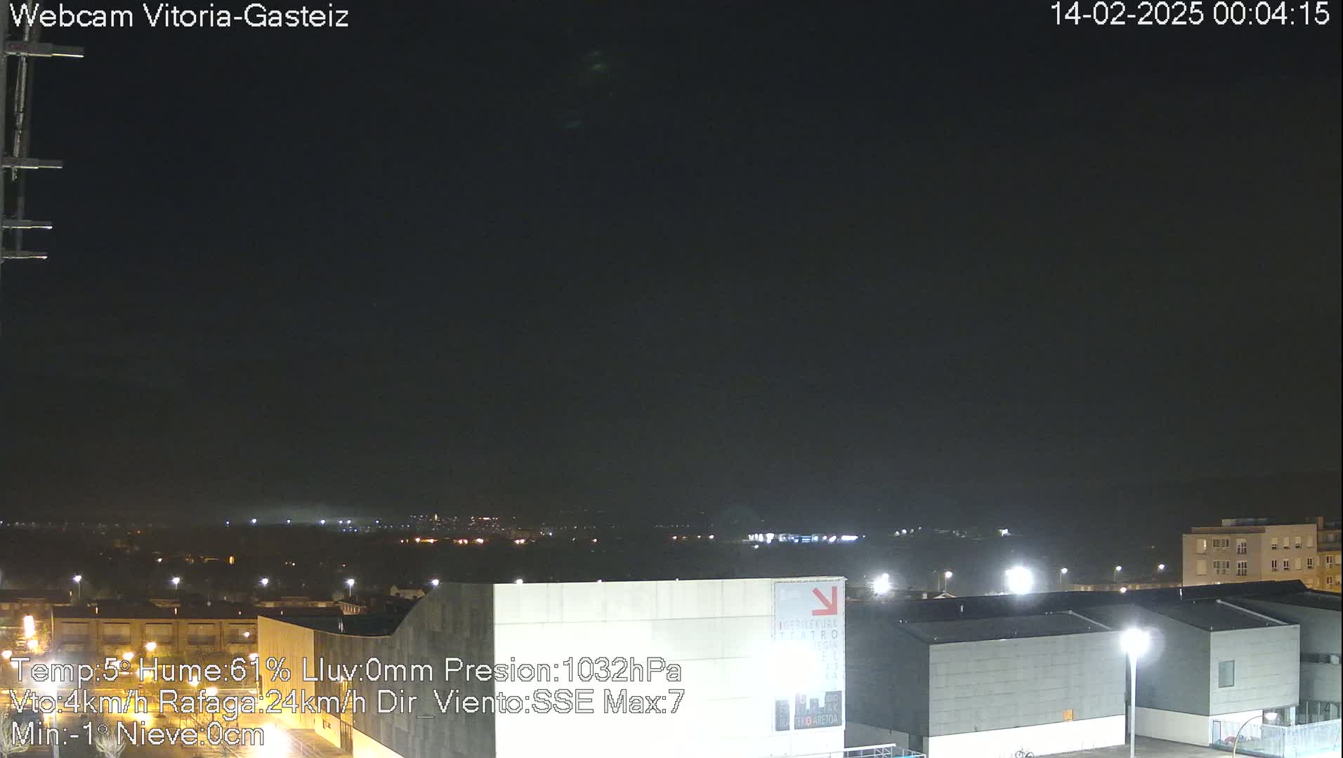 A nighttime long shot of a city under a dark, cloudy sky.