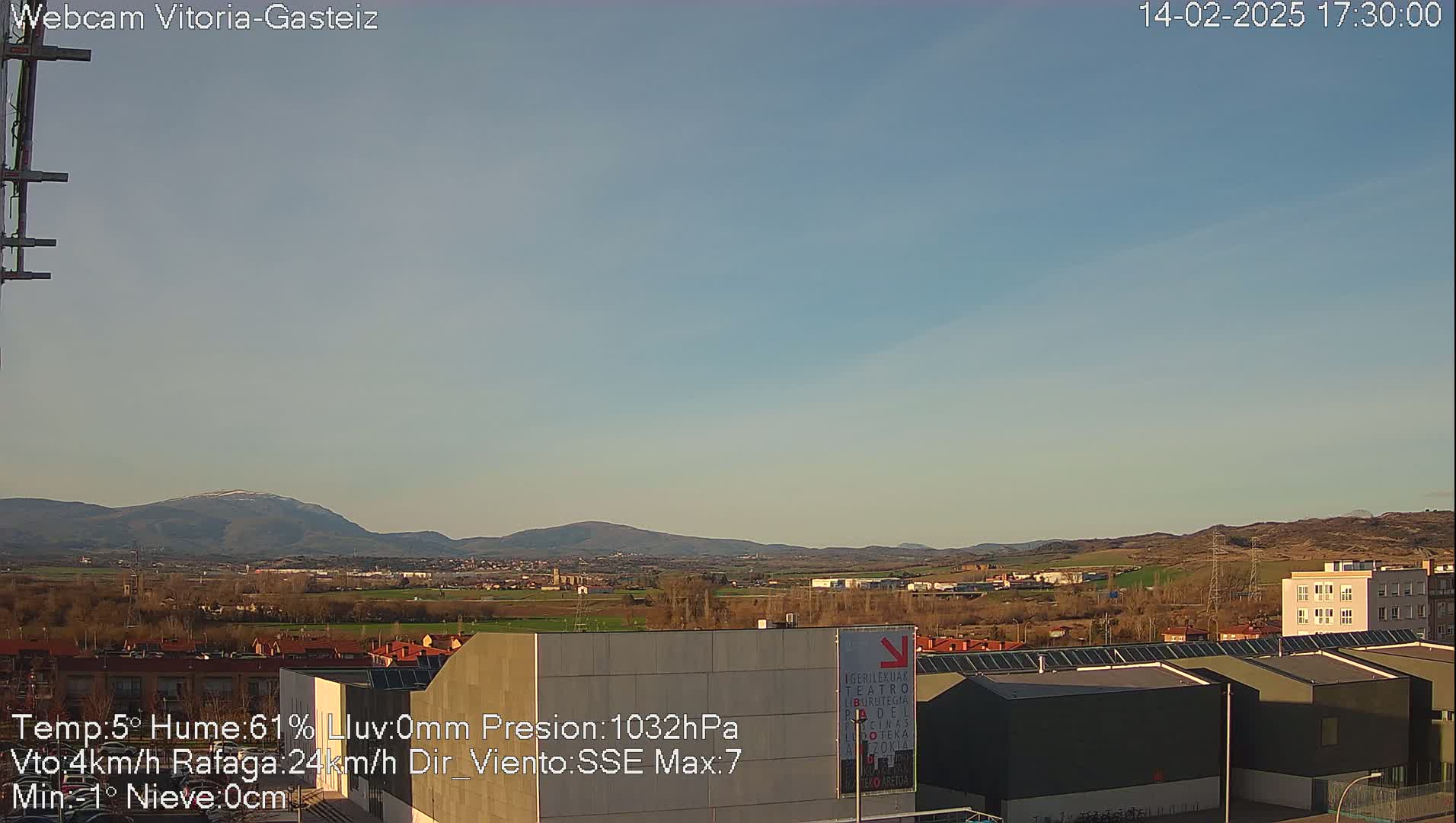 A clear, slightly hazy day reveals a distant mountain range, a town's cityscape, and flat buildings in the foreground.