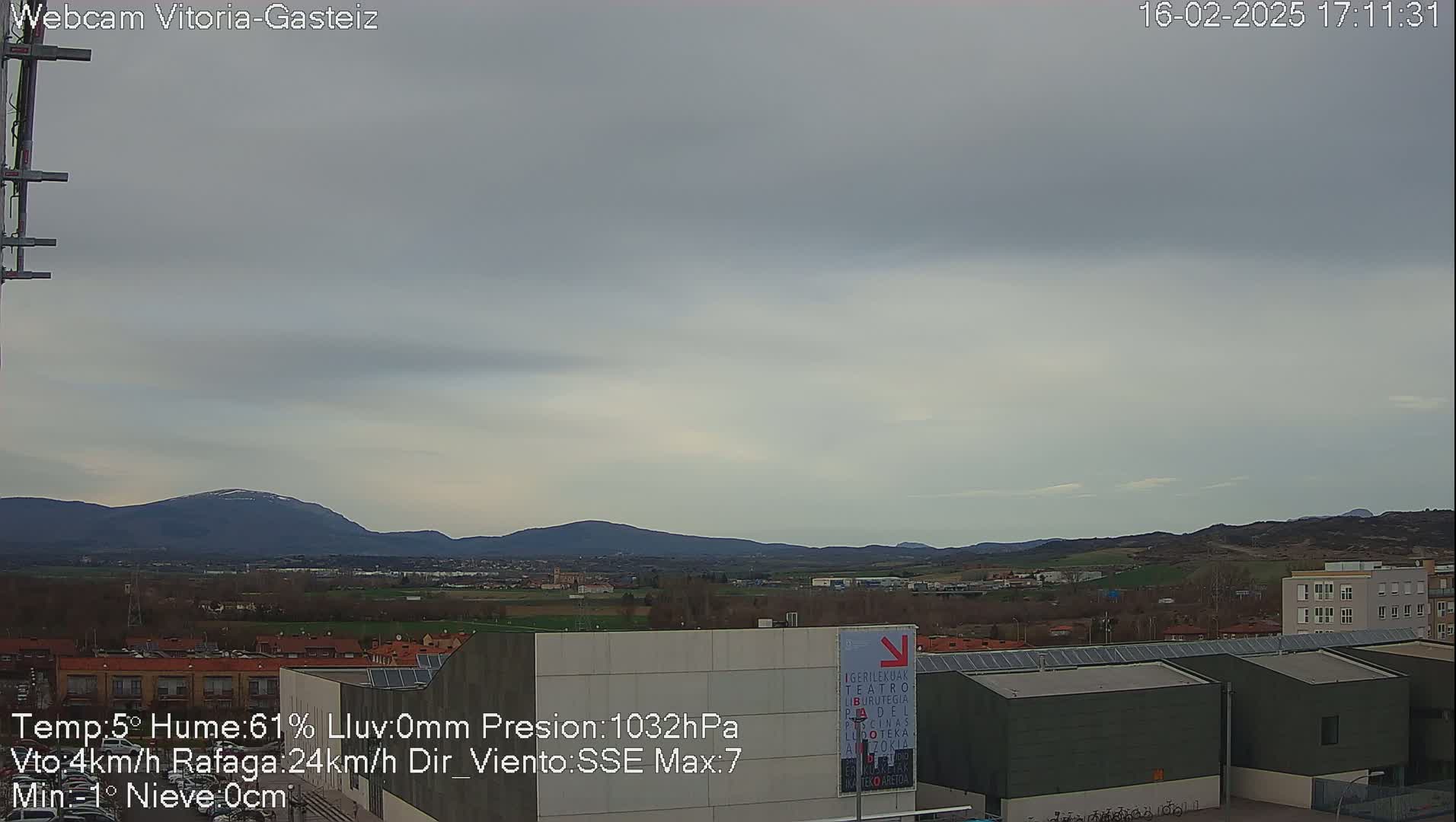 A long shot shows a mostly cloudy sky over a city with mountains in the distance, under which are some buildings and a flat expanse of land.