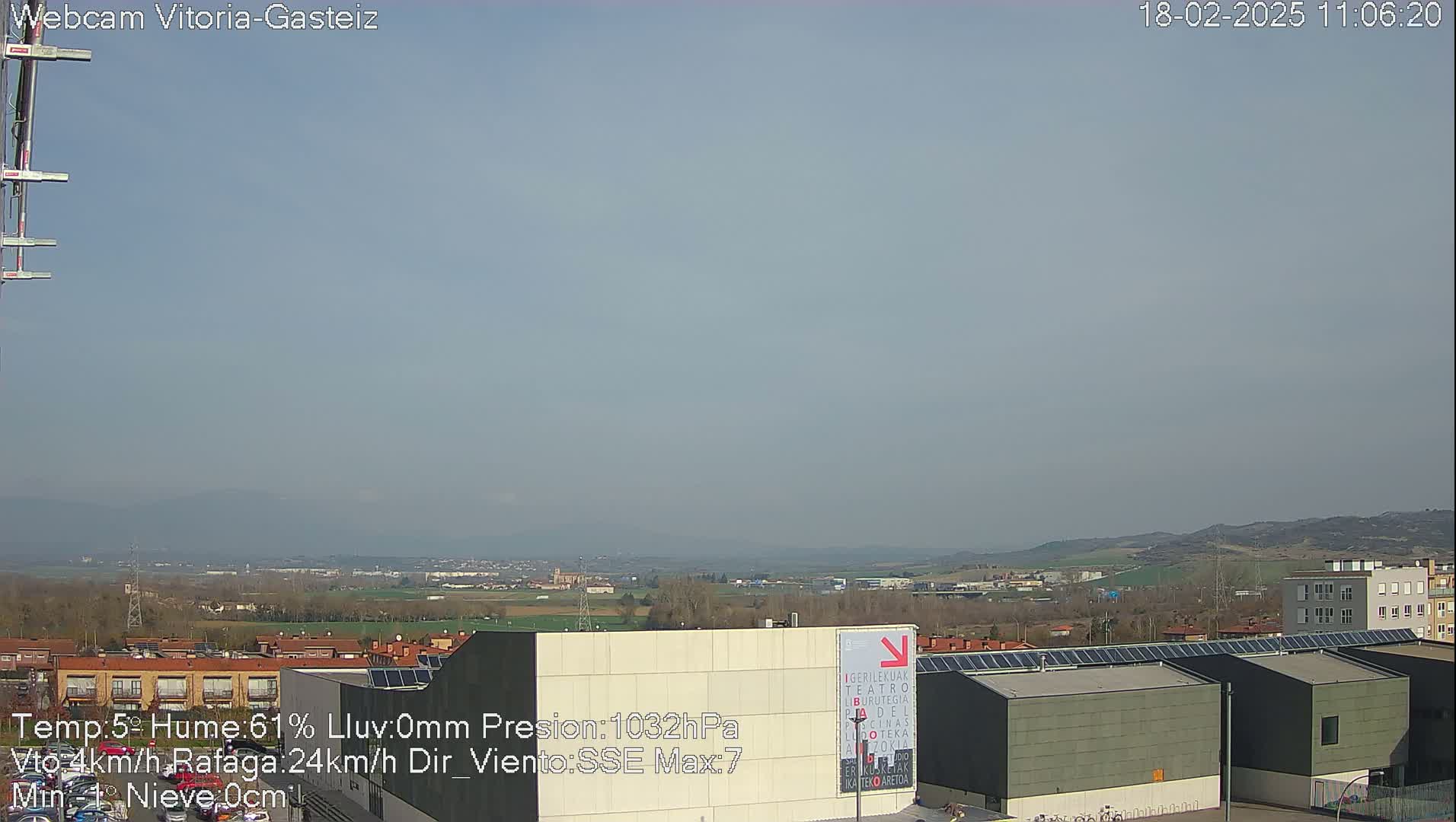A hazy, overcast day reveals a sprawling cityscape with industrial buildings and distant hills.