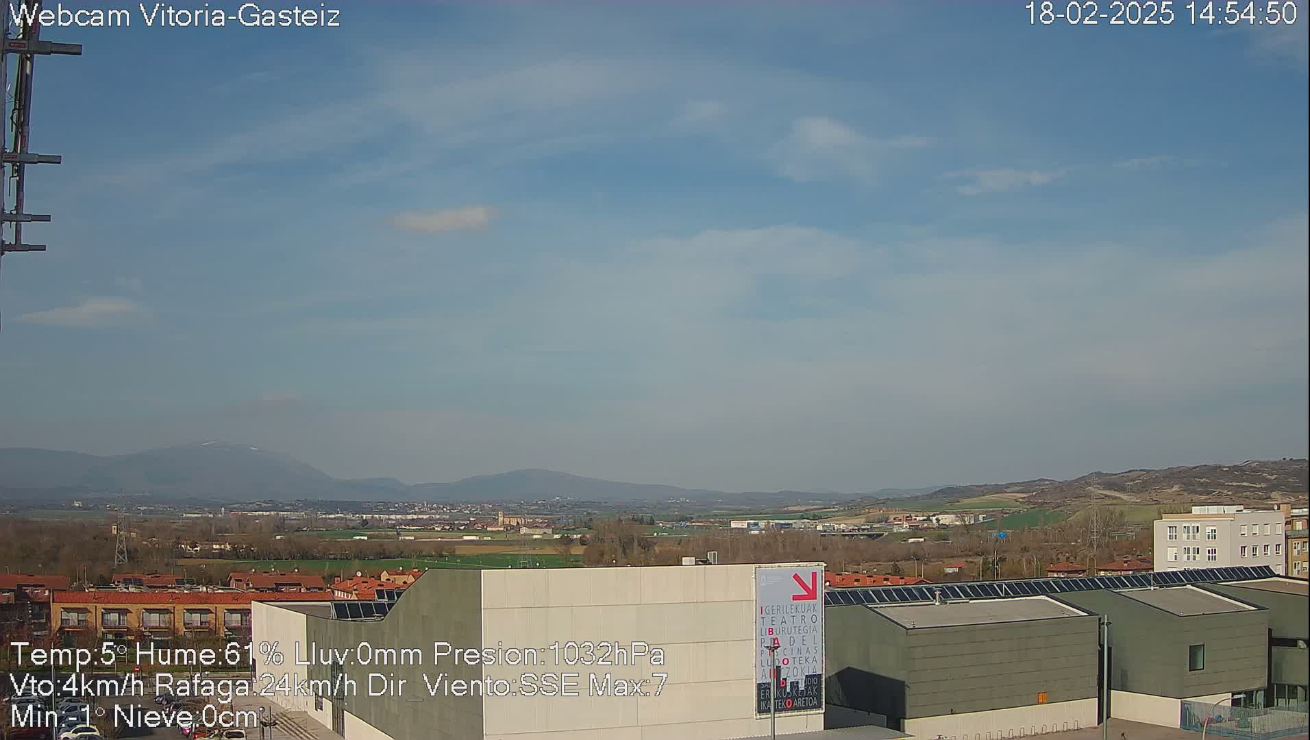 A mostly clear, daytime view of a city with distant mountains under a light blue sky.