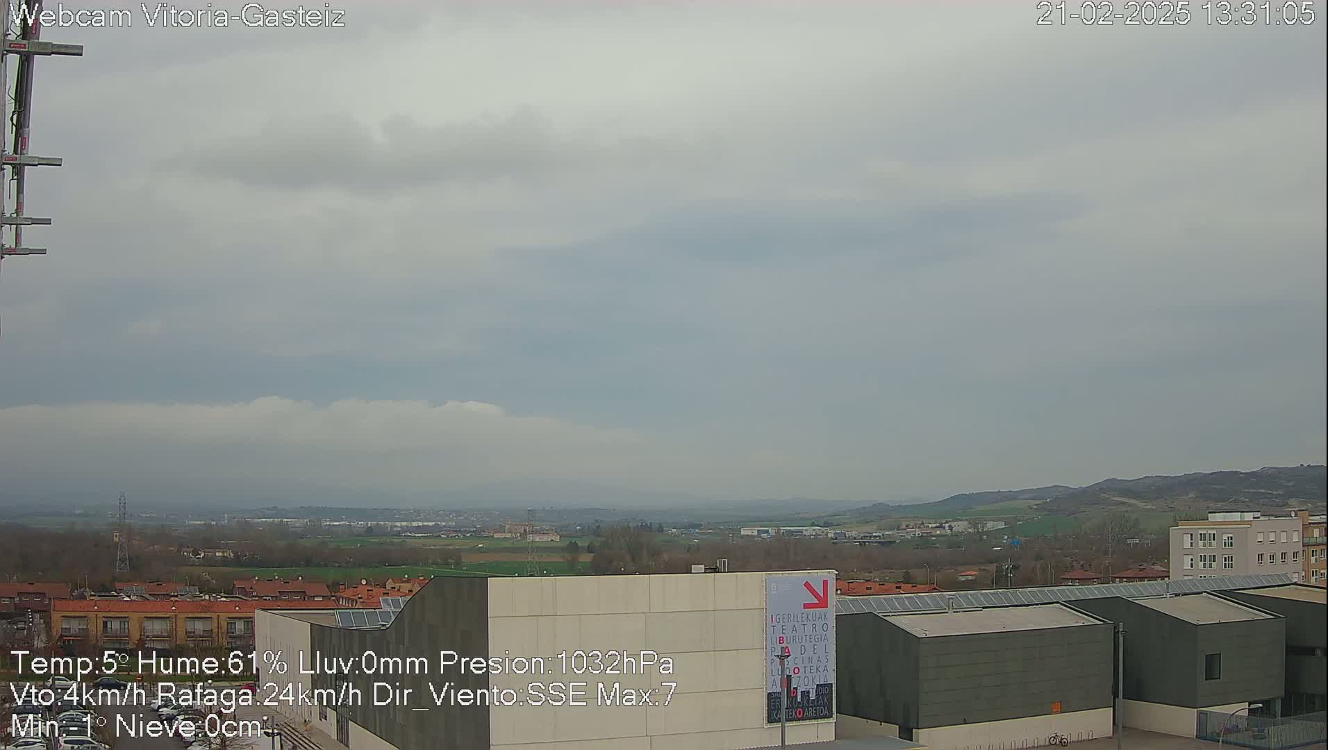 A cloudy, overcast day reveals a cityscape with low-rise buildings and distant hills.