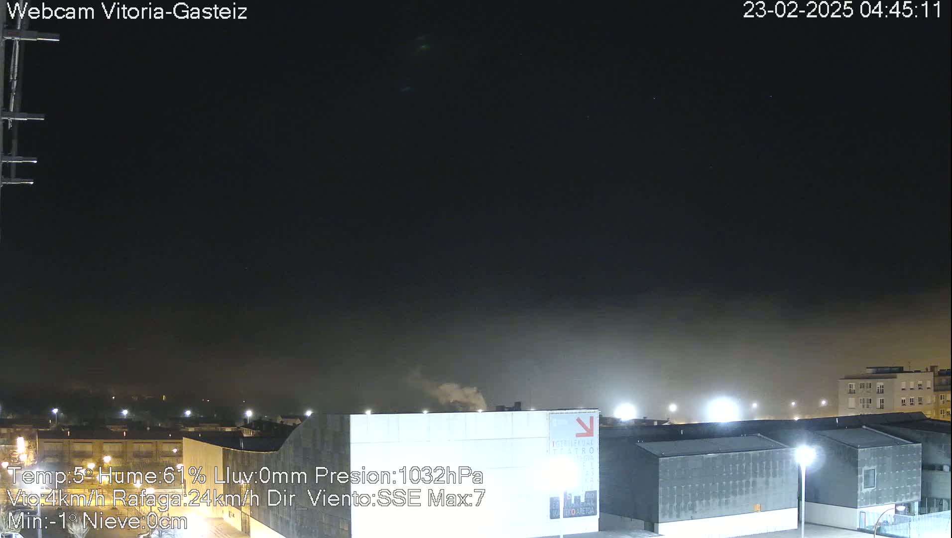 A nighttime view of a city under a dark, hazy sky shows a few lights illuminating industrial buildings and a low fog.