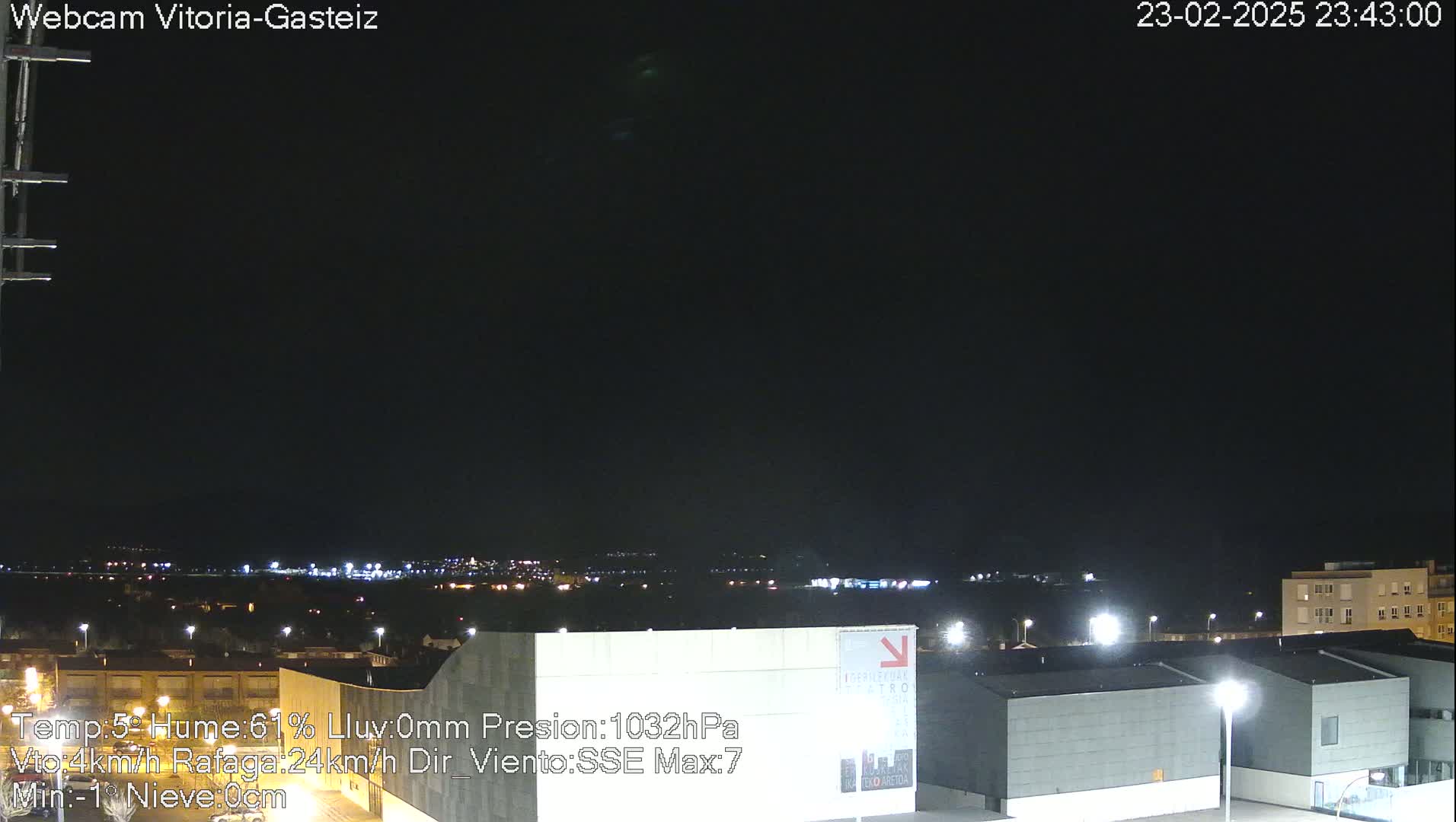 A nighttime view of city lights in the distance, under a dark, clear sky.