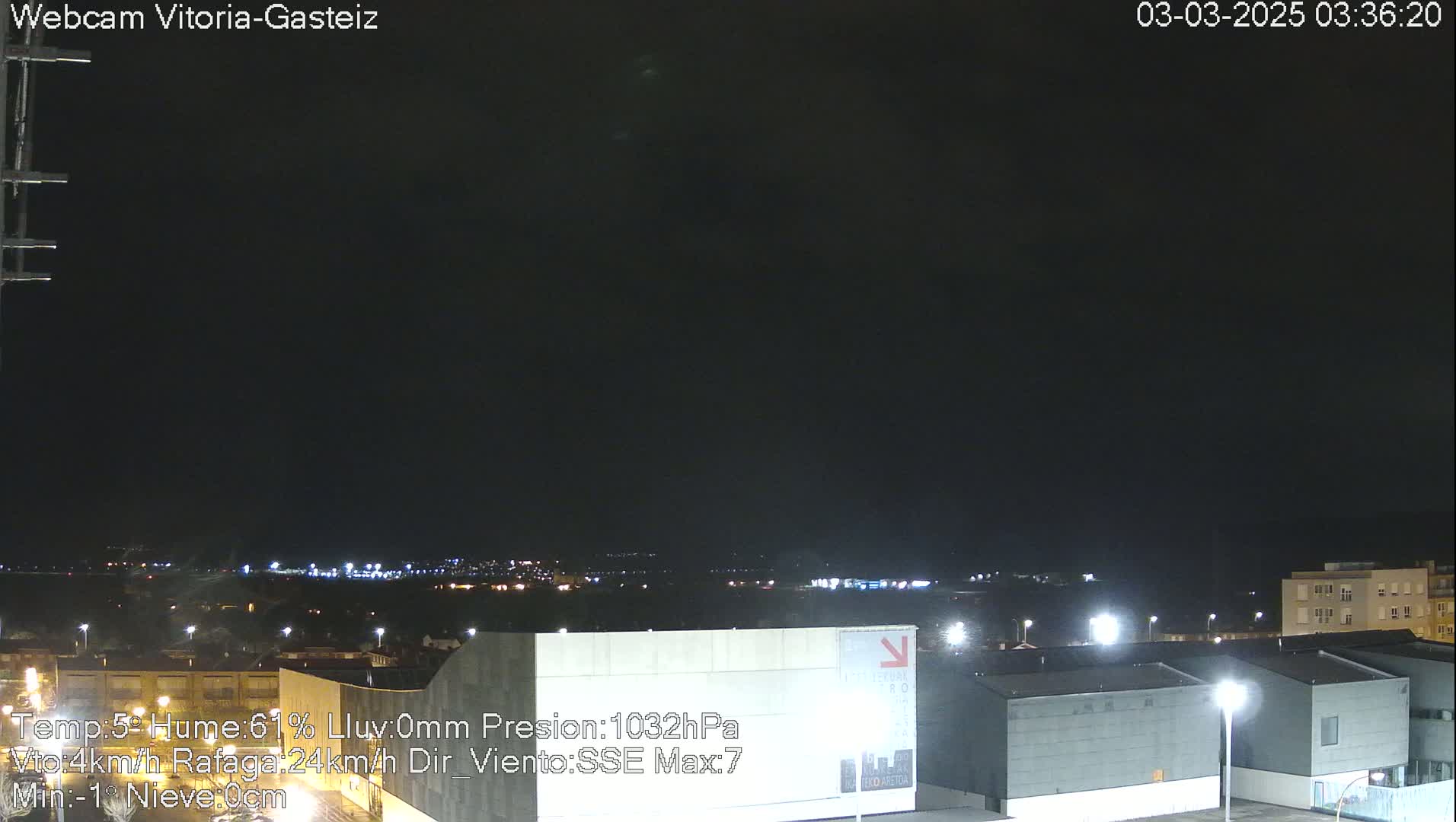 A nighttime view of a city illuminated by streetlights under a dark, overcast sky.