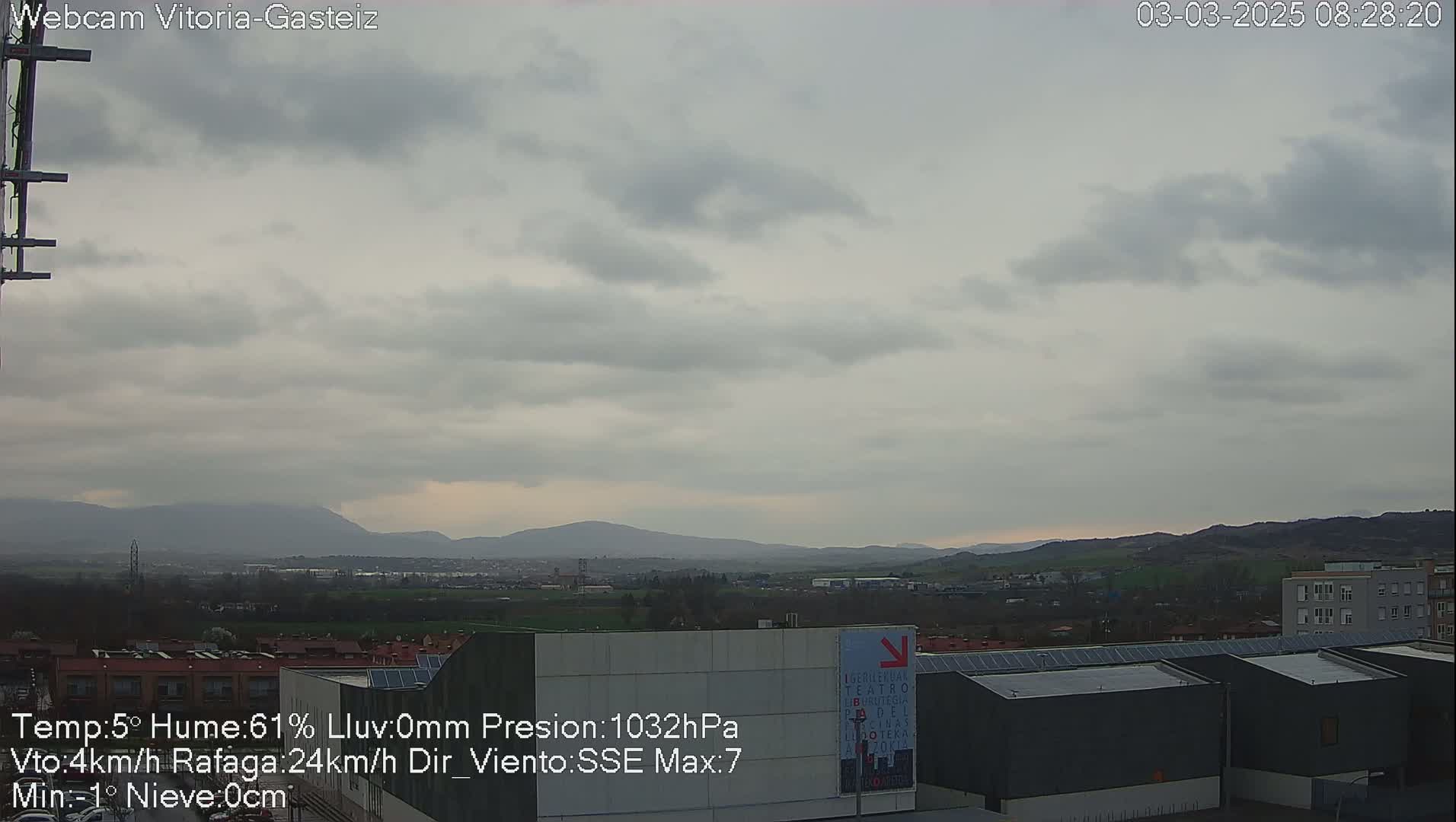 A cloudy, overcast view of a city landscape with distant mountains, under a mostly gray sky.