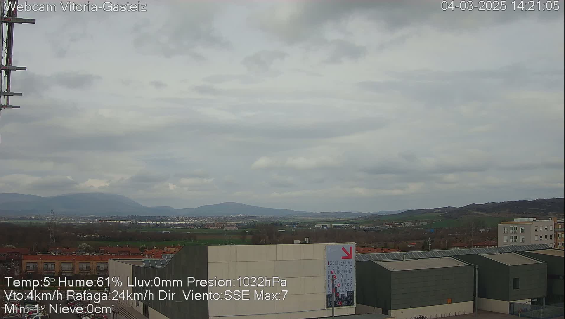 A long shot of a city with overcast skies and distant mountains under a cloudy sky.