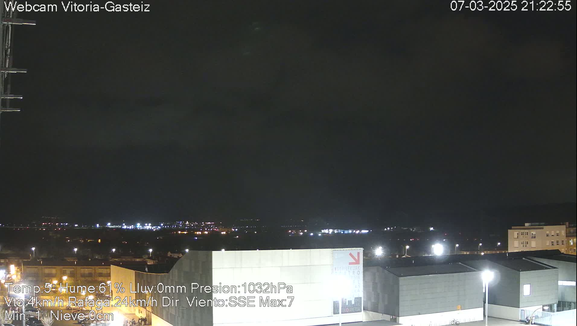 A nighttime view of a city skyline with a dark, cloudy sky.