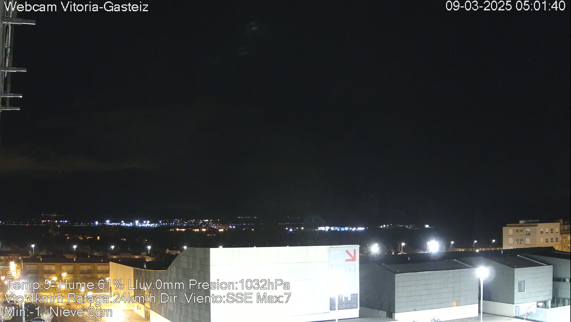 A nighttime long shot of a city under a dark, cloudy sky with some distant lights visible.