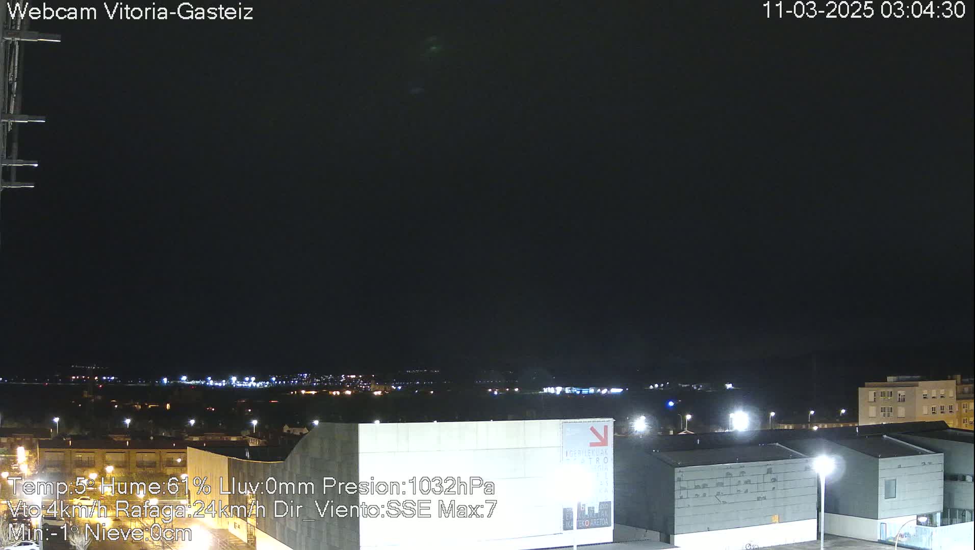 A nighttime view of a city with some lights visible in the distance under a dark, clear sky.