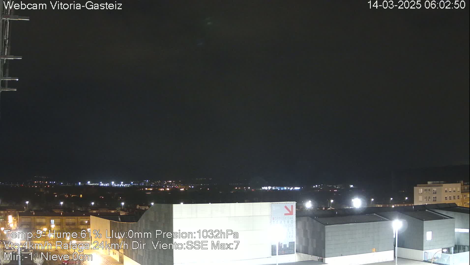A nighttime view of a city illuminated by streetlights under a dark, overcast sky.