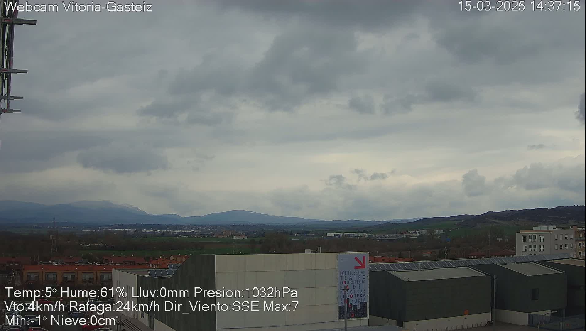 A cloudy day reveals a view of distant mountains, a flat landscape with buildings and solar panels, under a mostly gray sky.