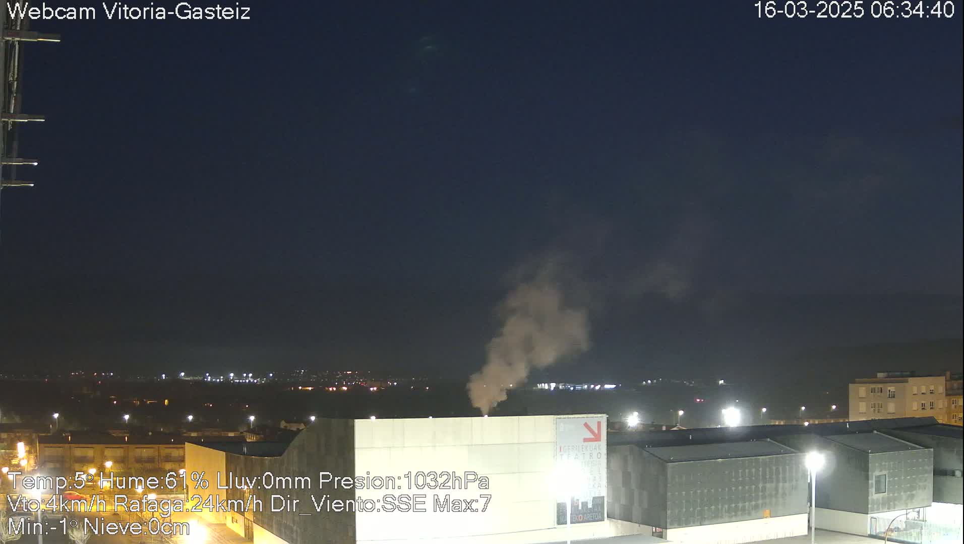 A nighttime view of a city with a plume of smoke rising from a building under a clear, dark sky.