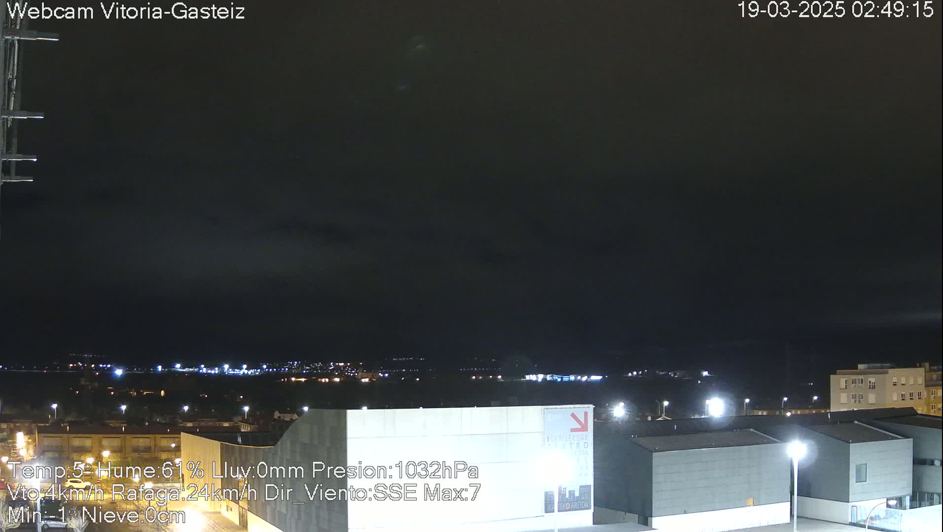 A nighttime long shot of a city under a dark, cloudy sky.