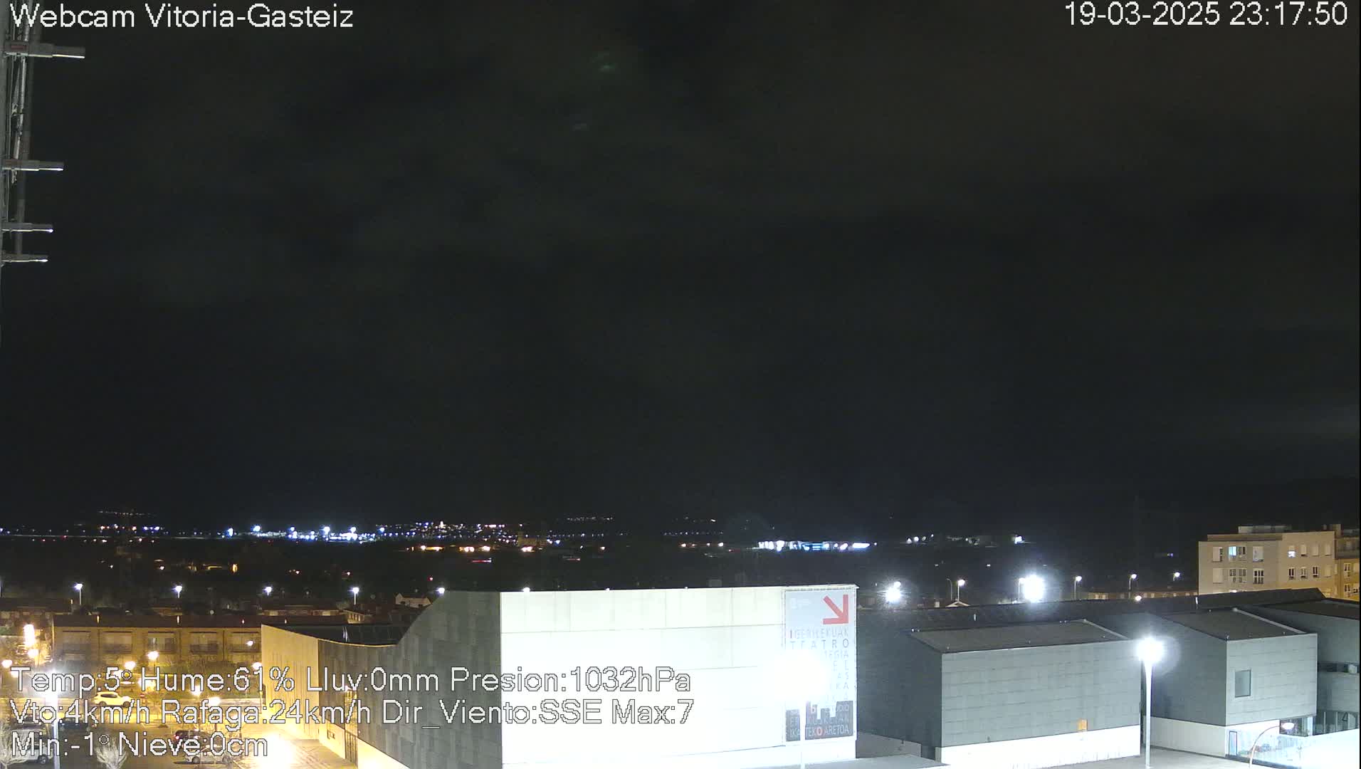 A nighttime view of a city with overcast skies shows a cityscape illuminated by streetlights and distant building lights.