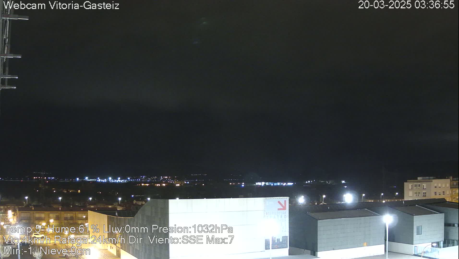 A nighttime view of a city skyline under a dark, overcast sky.
