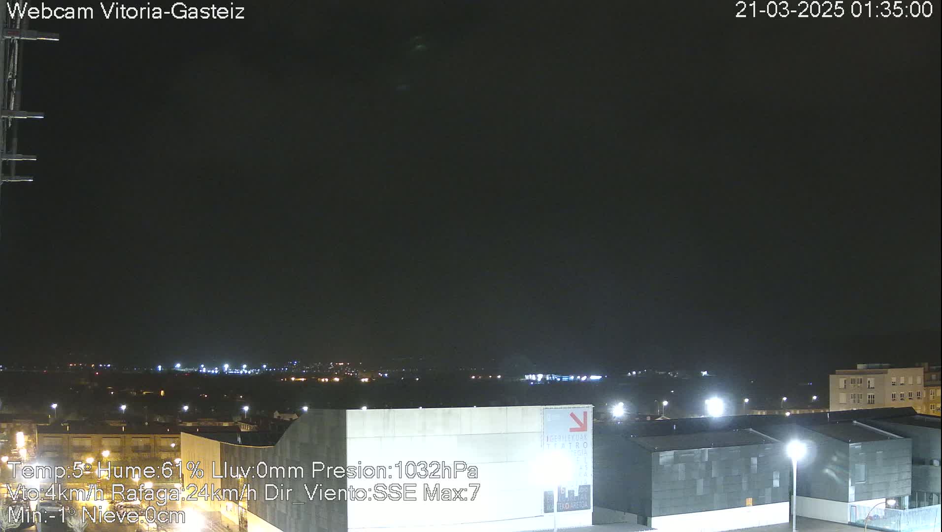 A nighttime view of a city skyline under a dark, clear sky, with some distant lights visible.