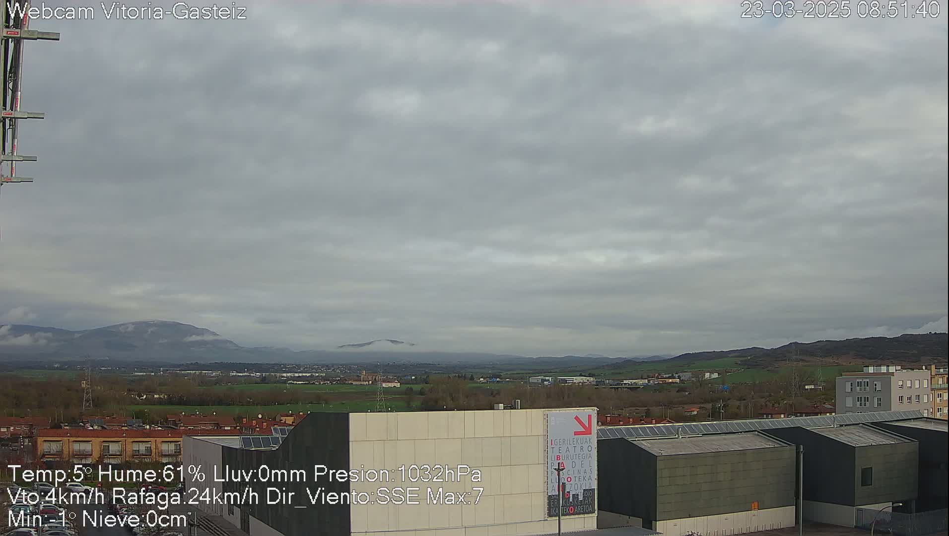A long shot of a city under an overcast sky shows buildings, some low and others taller, and distant, low, rolling hills partially obscured by fog or clouds.