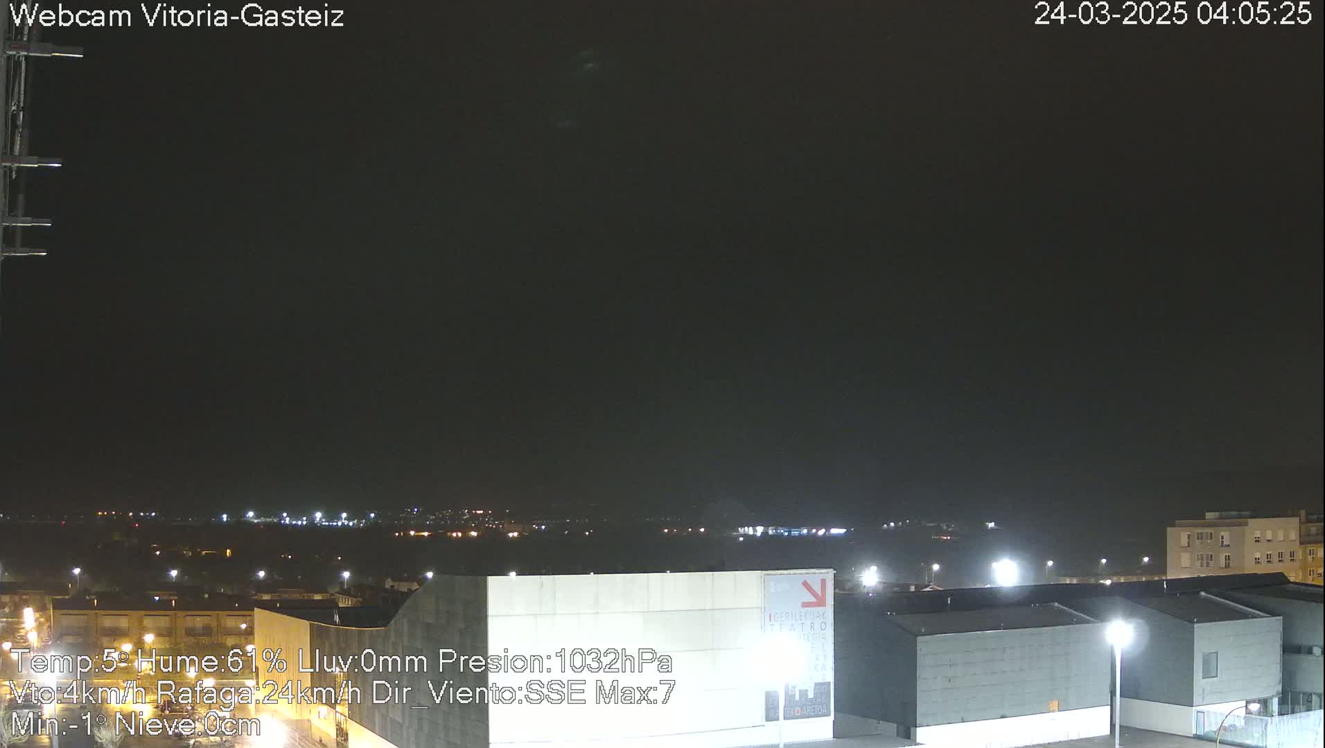 A nighttime view of a city skyline under a dark, overcast sky.