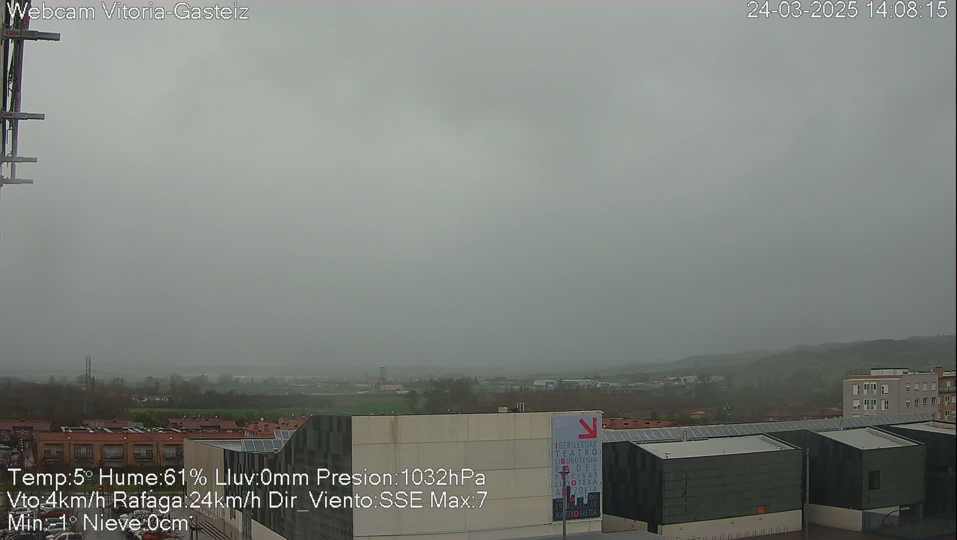 A hazy, overcast view of a town with low-rise buildings and hills in the distance.