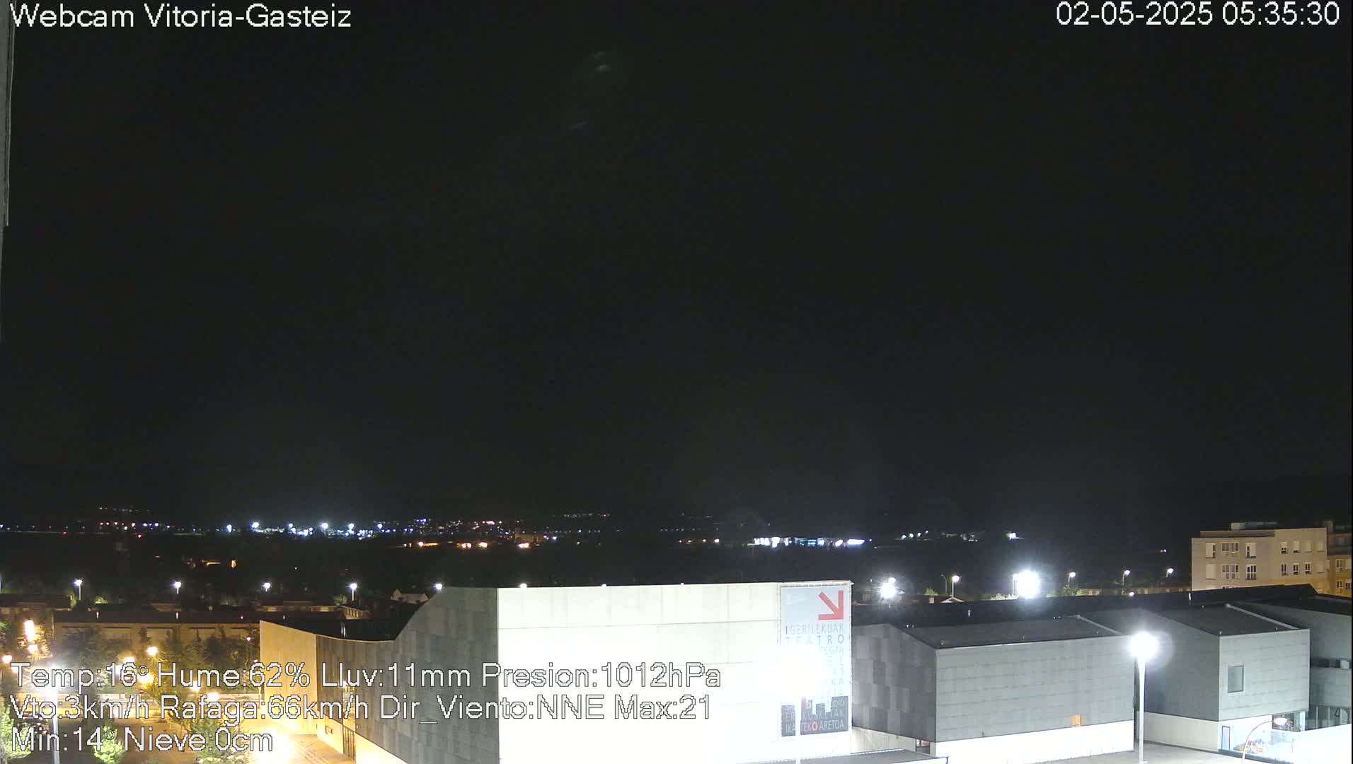 A nighttime view of a city with a mostly clear, dark sky and some distant lights.