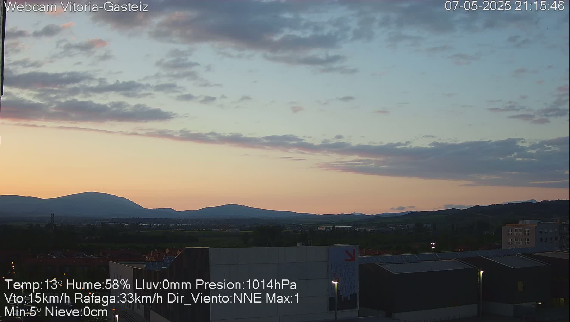 A partly cloudy sunset over a flat landscape with distant mountains and buildings in the foreground.