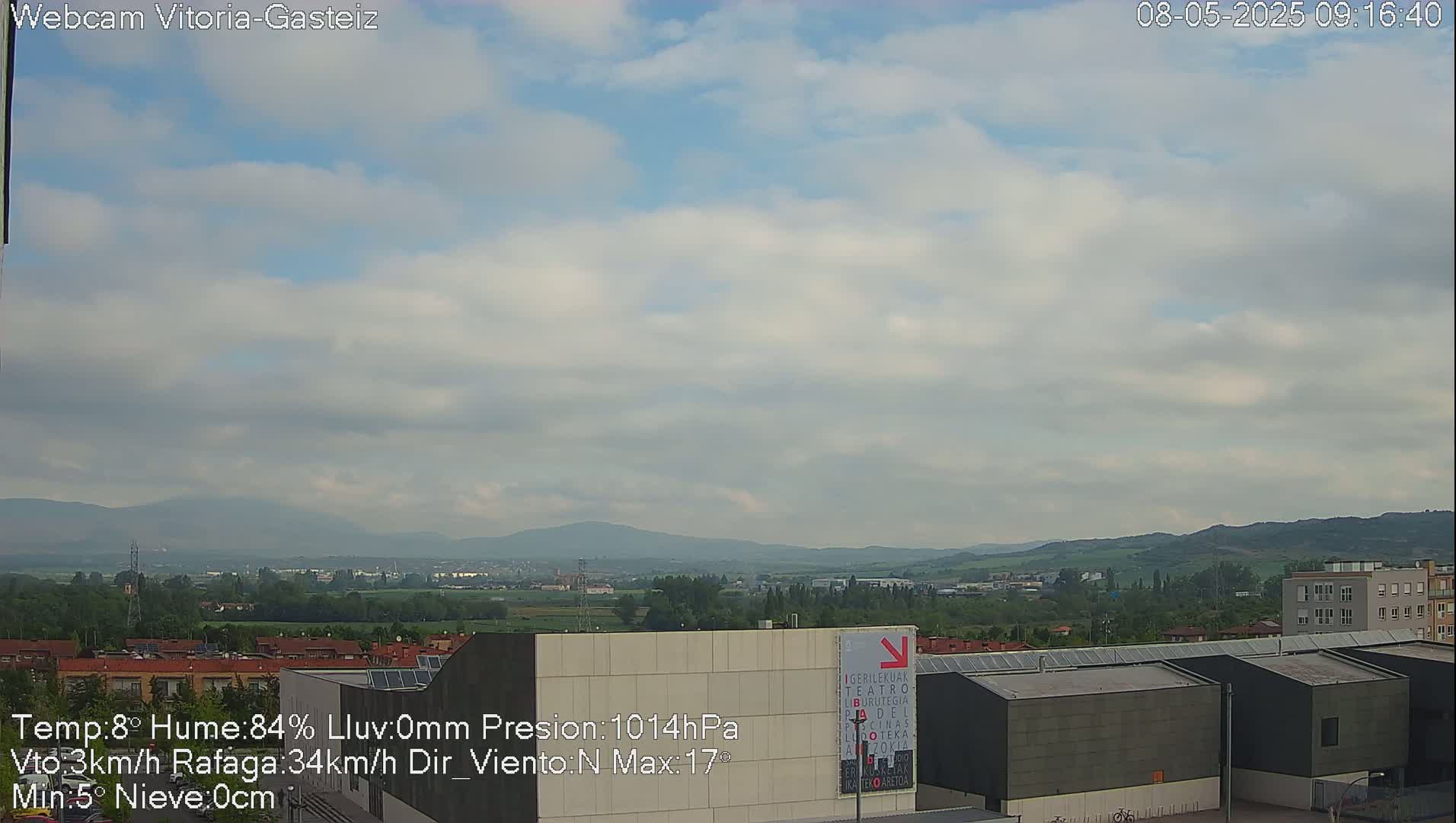 A partly cloudy day reveals a view of a city and distant mountains, with buildings and rooftops in the foreground.