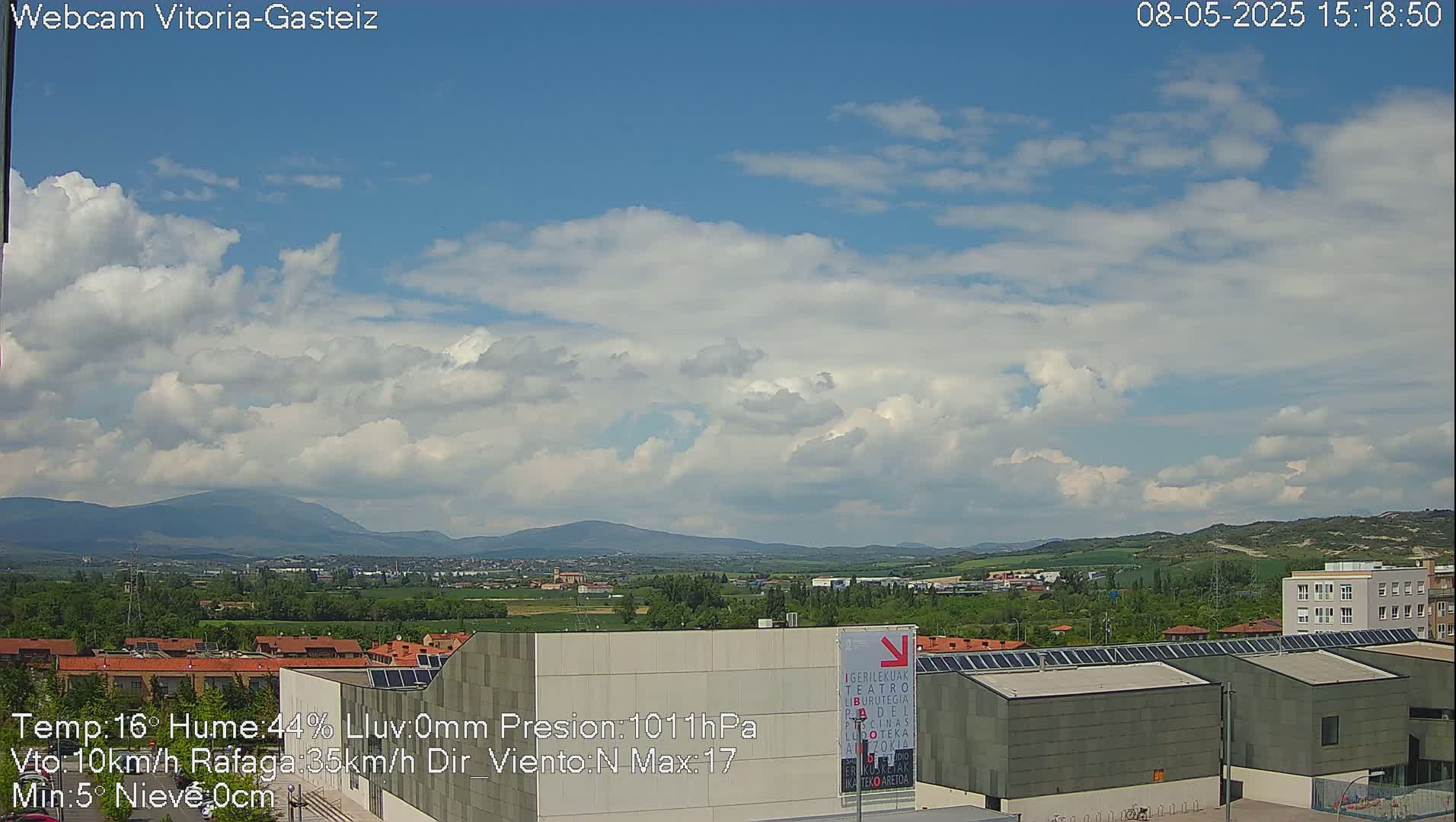 A partly cloudy sky overlooks a cityscape and distant mountains.